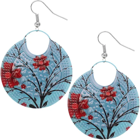 Blue Large Floral Design Disk Earrings