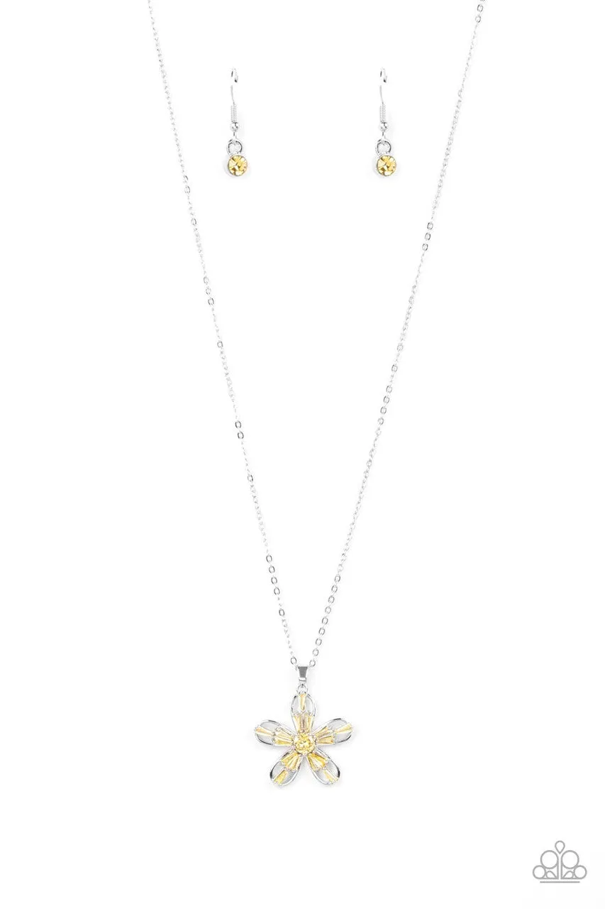 Botanical Ballad - Yellow - Rhinestone Flower Pendant Paparazzi Short Necklace