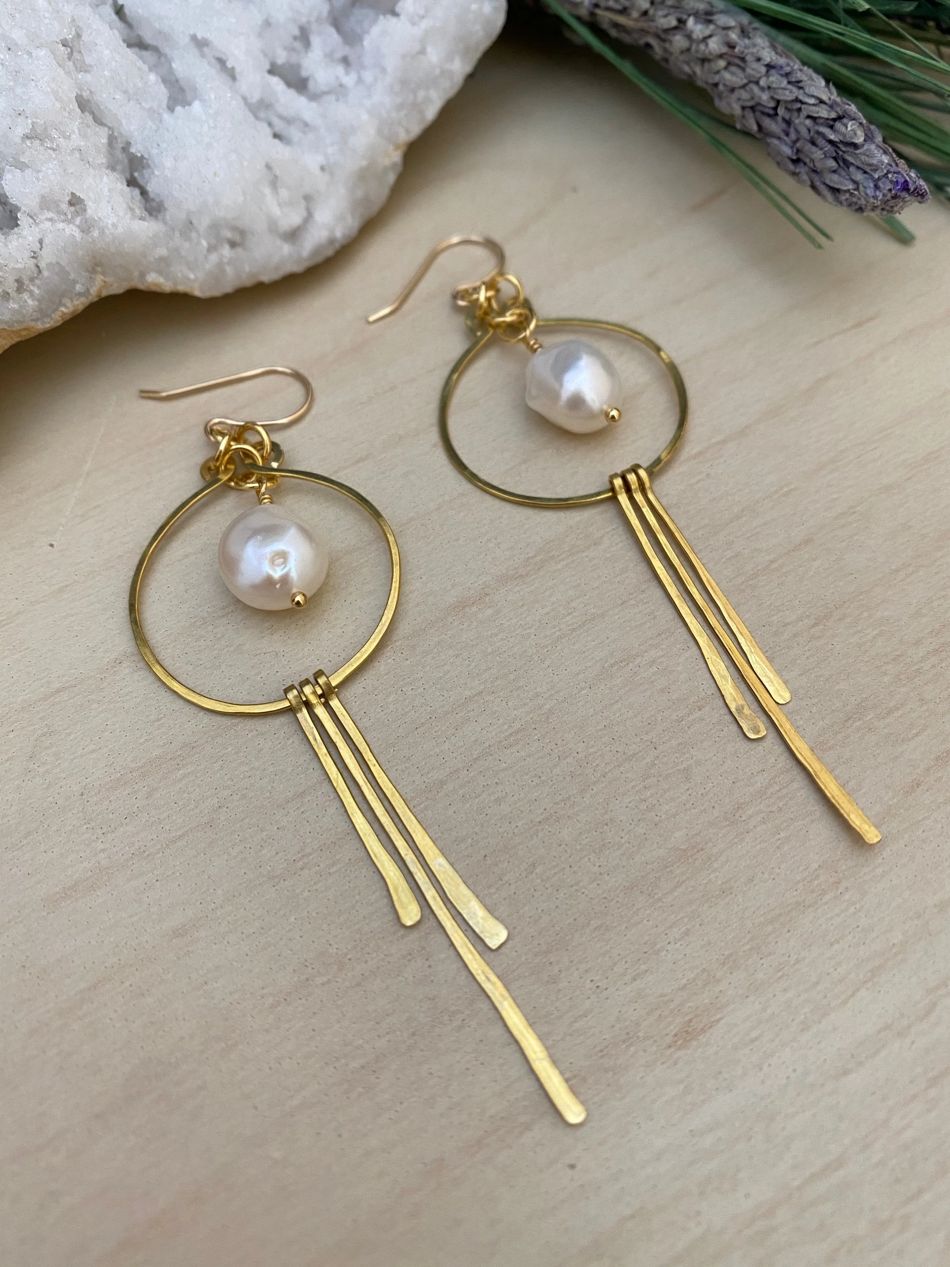 Brass and Freshwater Pearl Statement Earrings - Gold Filled Ear Wires