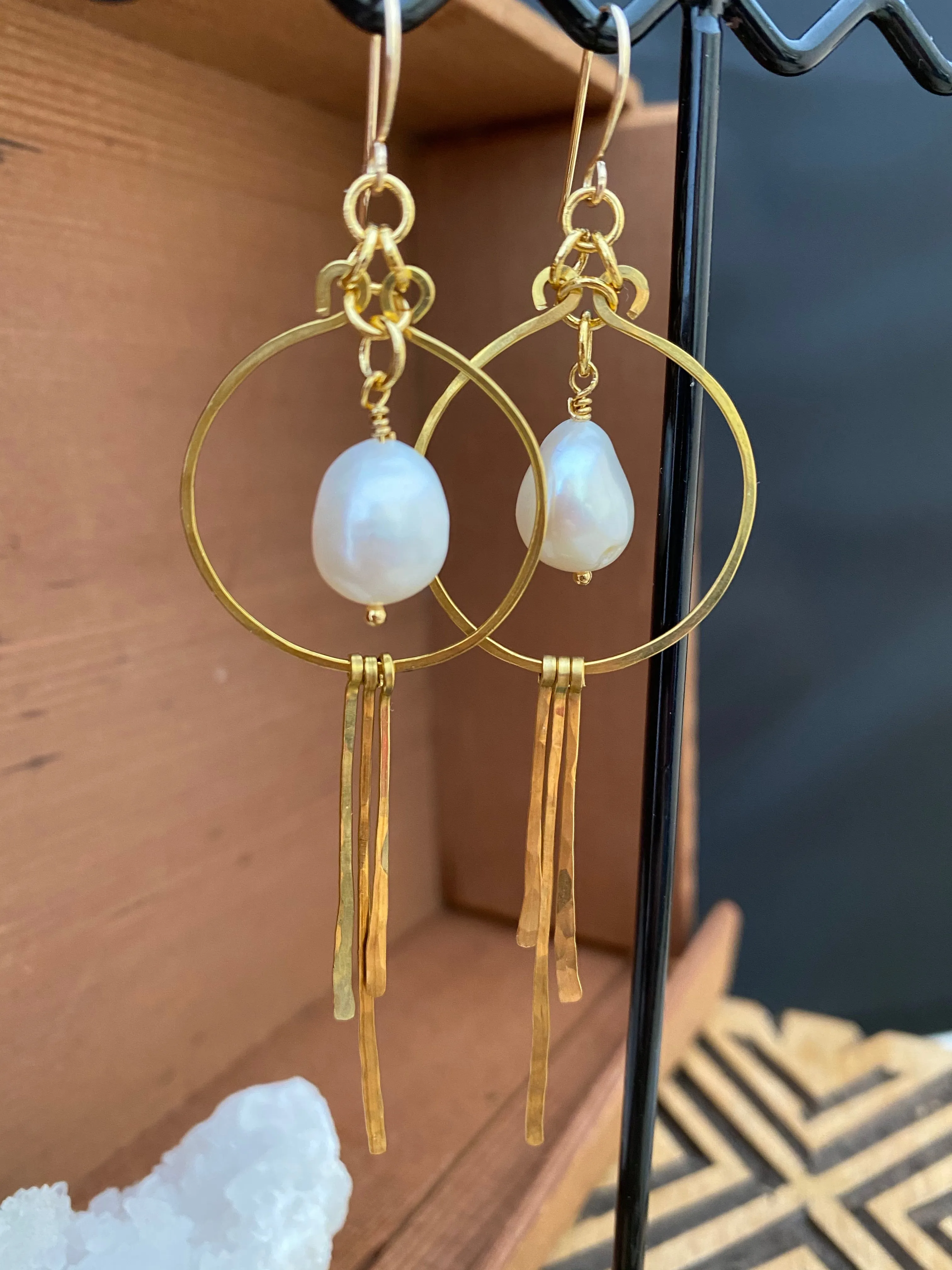 Brass and Freshwater Pearl Statement Earrings - Gold Filled Ear Wires