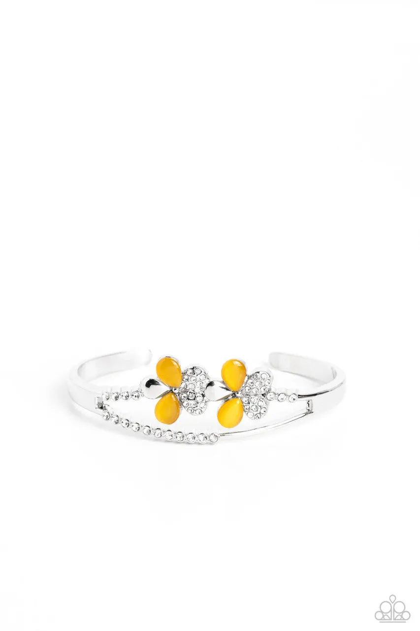Broadway Stage - Yellow - Cat's Eye Petal White Rhinestone Paparazzi Cuff Bracelet