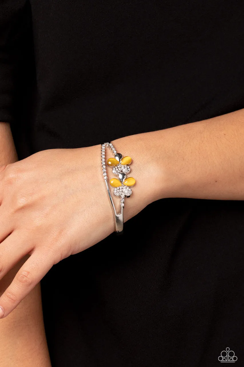Broadway Stage - Yellow - Cat's Eye Petal White Rhinestone Paparazzi Cuff Bracelet