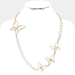 Butterfly Pearl Rhinestone Embellished Necklace Set