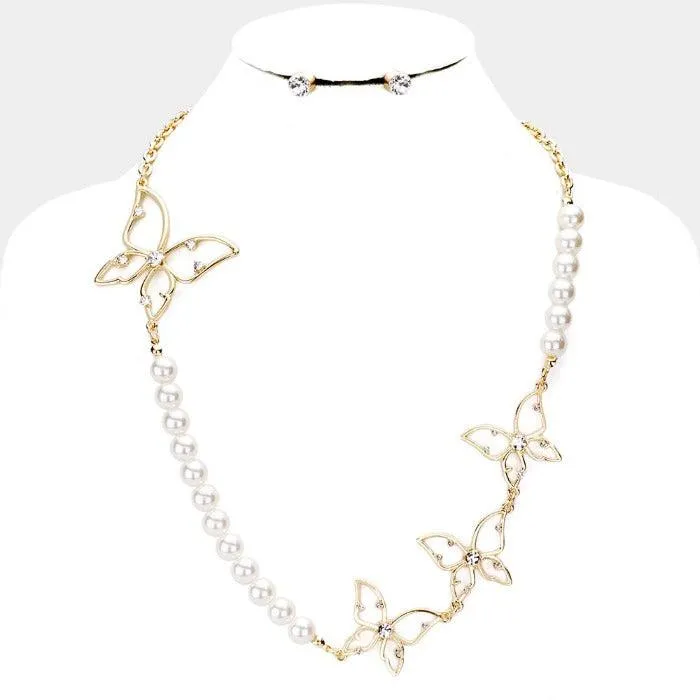 Butterfly Pearl Rhinestone Embellished Necklace Set