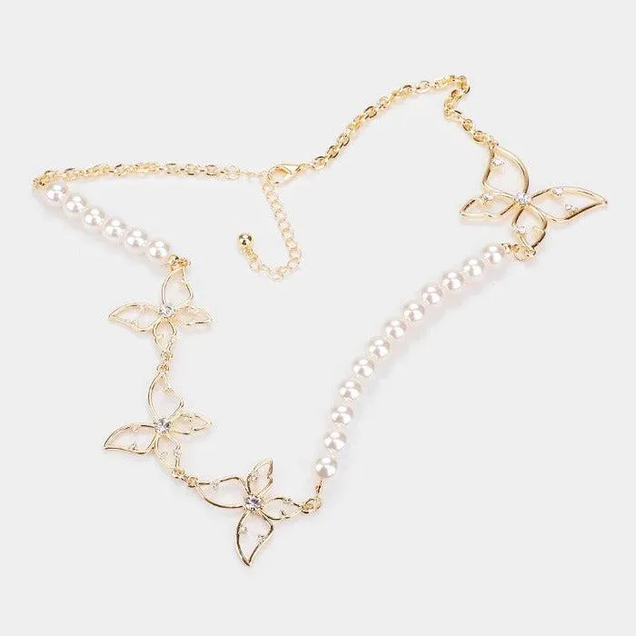 Butterfly Pearl Rhinestone Embellished Necklace Set