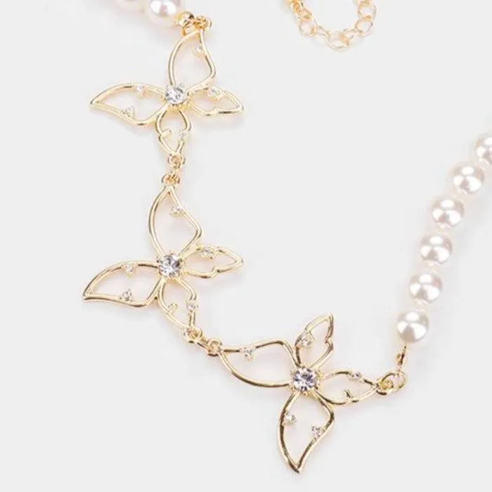Butterfly Pearl Rhinestone Embellished Necklace Set