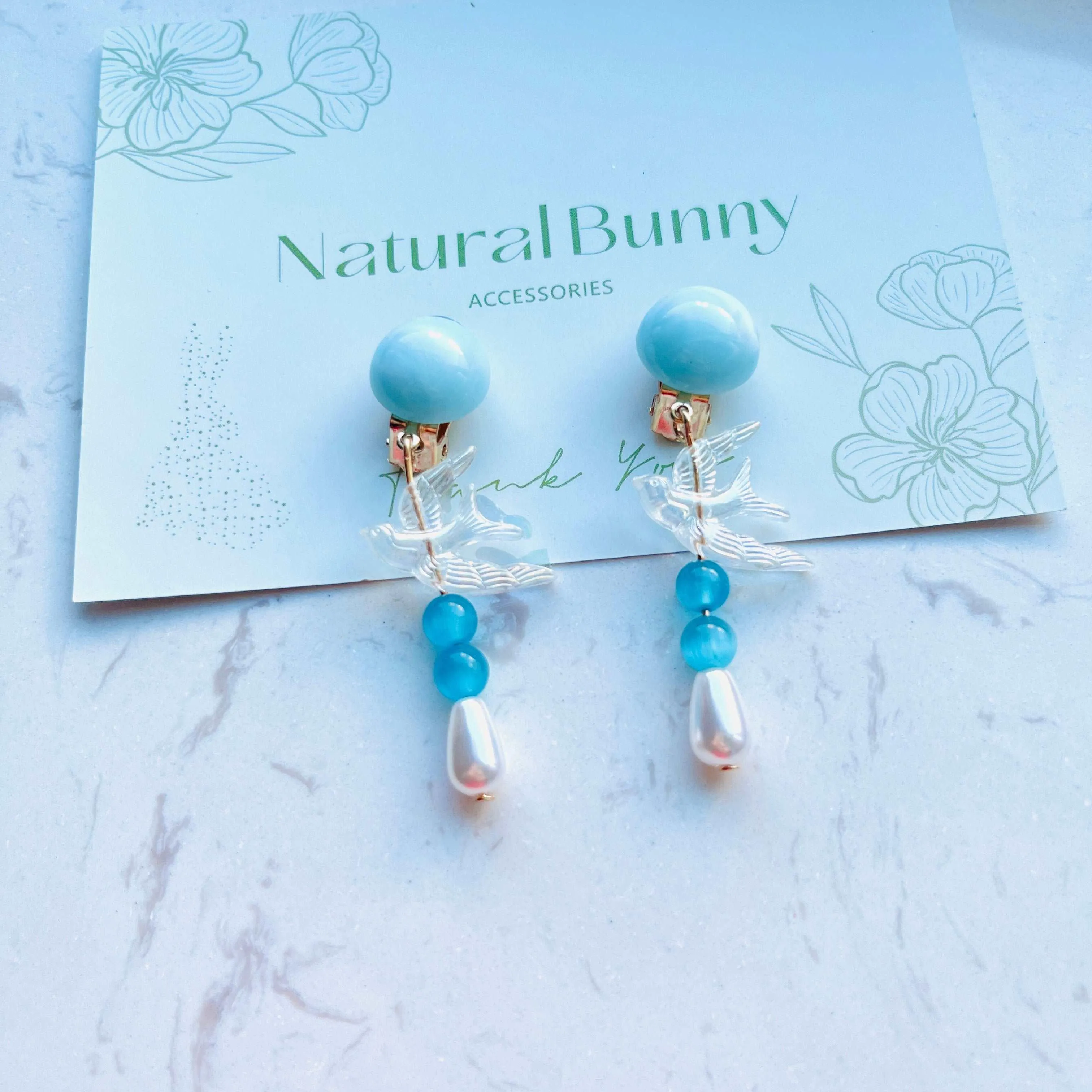 Clear Blue Swallow Pearl Clip-On Earrings