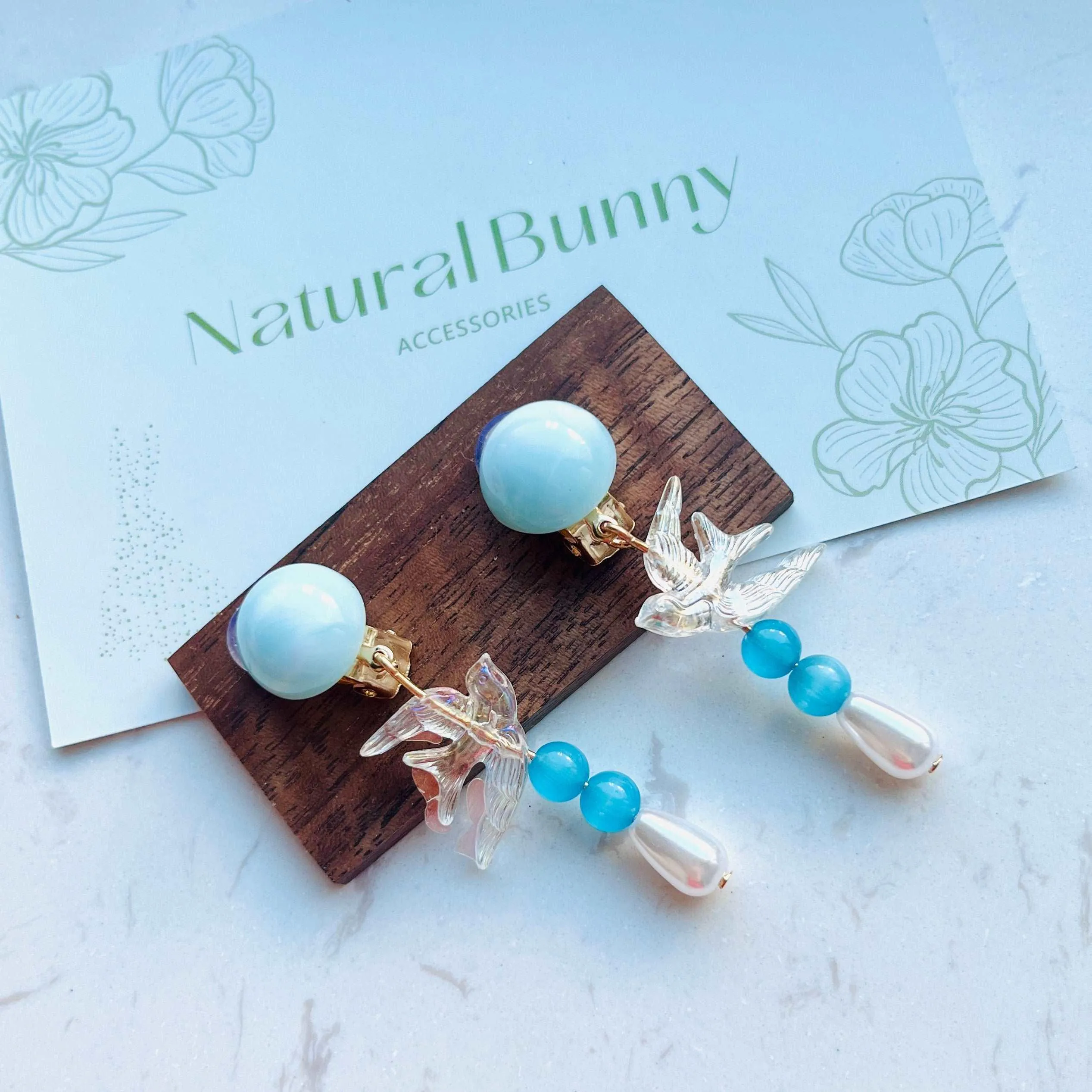 Clear Blue Swallow Pearl Clip-On Earrings
