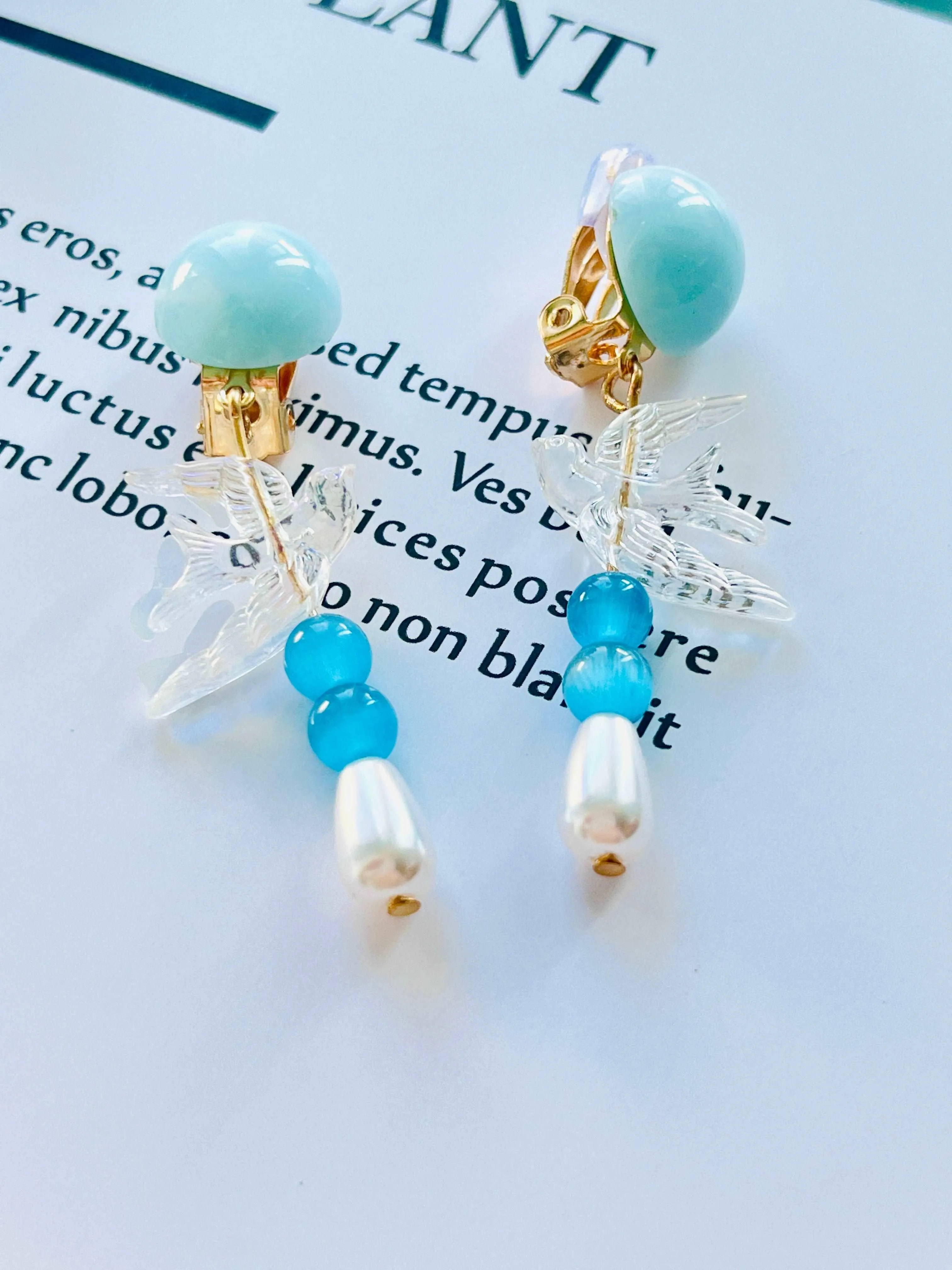 Clear Blue Swallow Pearl Clip-On Earrings