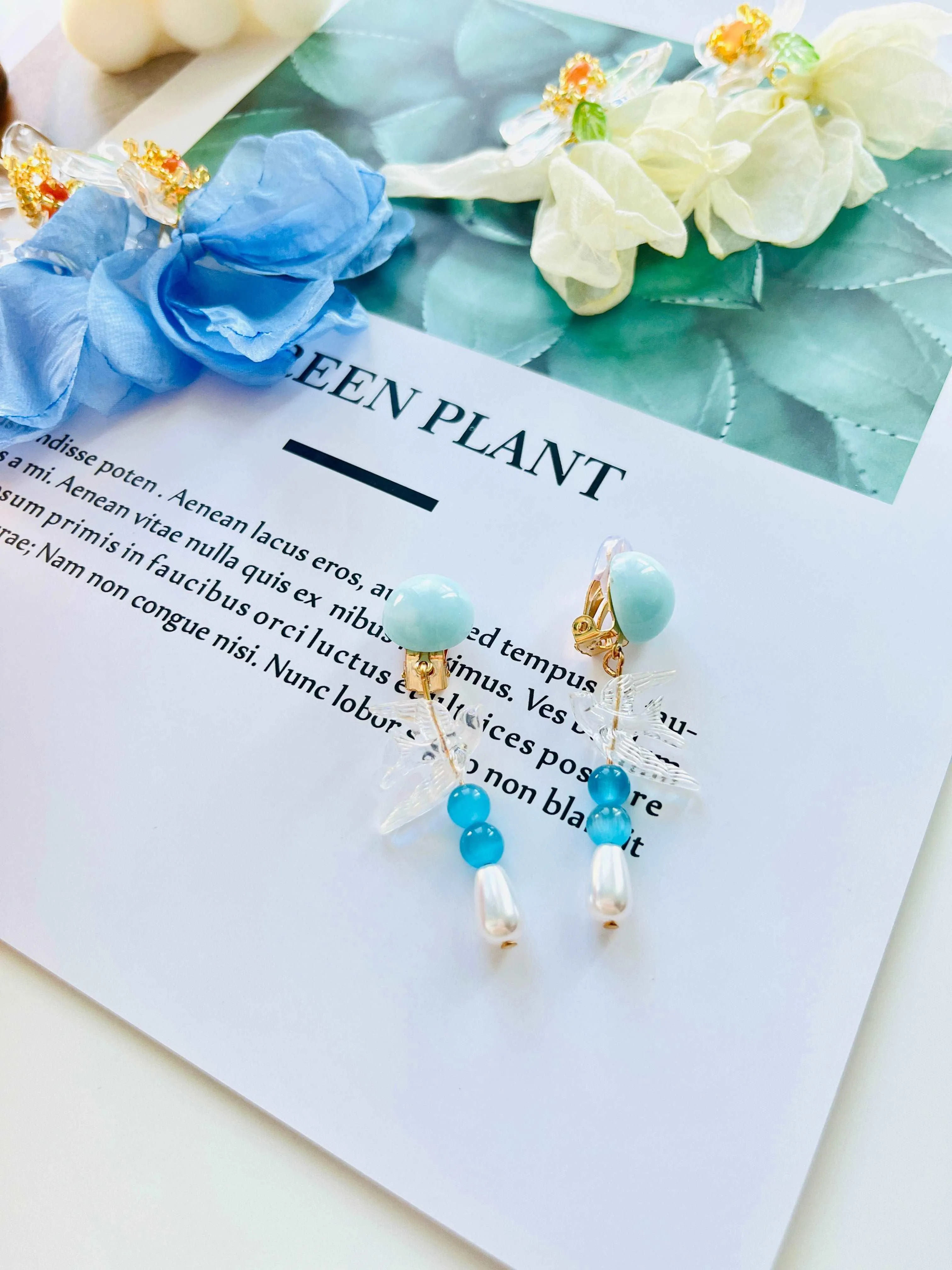 Clear Blue Swallow Pearl Clip-On Earrings