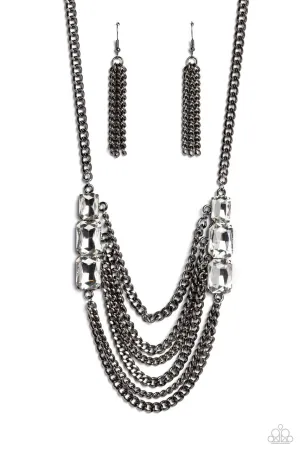 Come CHAIN or Shine - Black - White Rhinestone Gunmetal Tiered Paparazzi Short Necklace