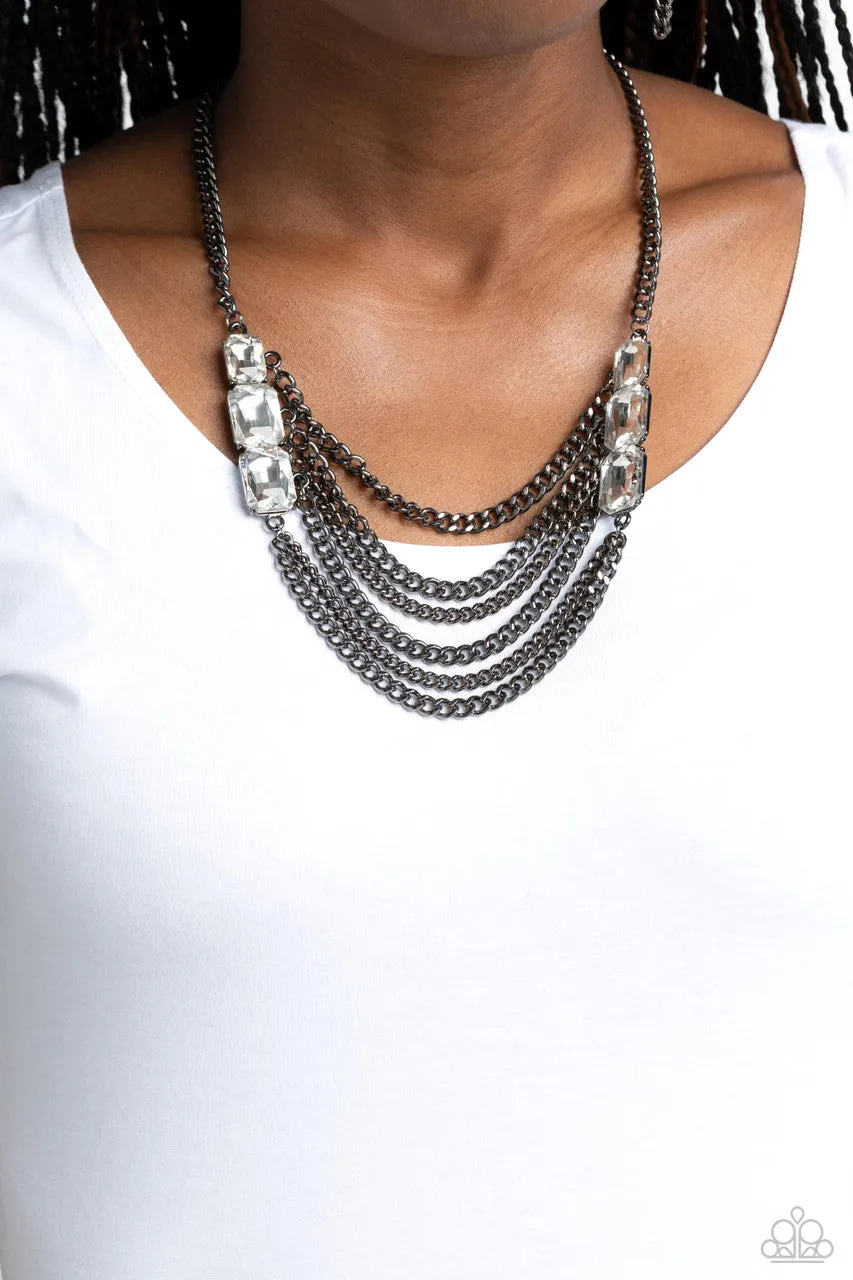 Come CHAIN or Shine - Black - White Rhinestone Gunmetal Tiered Paparazzi Short Necklace