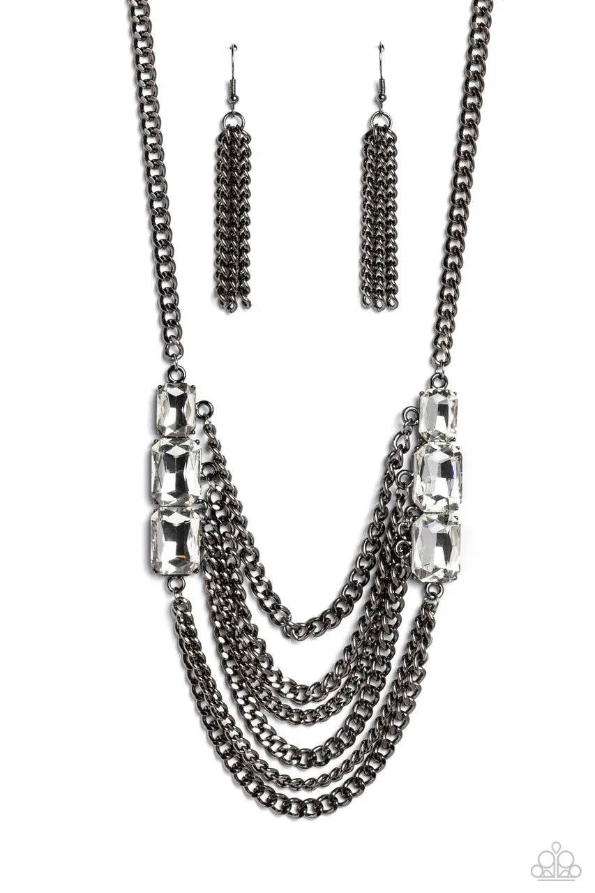Come CHAIN or Shine - Black - White Rhinestone Gunmetal Tiered Paparazzi Short Necklace
