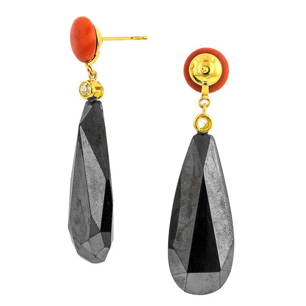 Coral, Diamond & Hematite Earrings