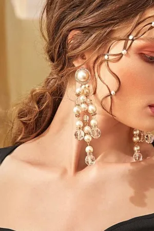 Cream pearl earrings , long faux  pearl earrings ,large  long cream earrings , cream  gold bride earrings , white big pearl earring