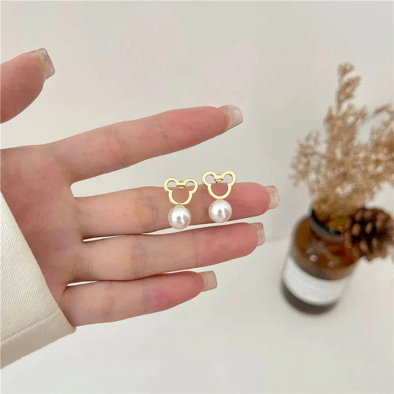 Cute Mouse Pearl Earrings Stud Wholesale 2021 Charm Exquisite Bear Stainless Steel Earrings Women's Jewelry