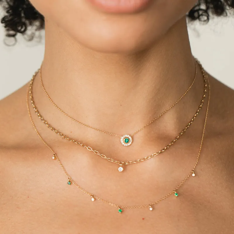 Dangling Alternating Emerald and Diamond Necklace in Yellow Gold