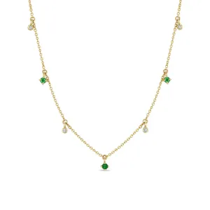 Dangling Alternating Emerald and Diamond Necklace in Yellow Gold