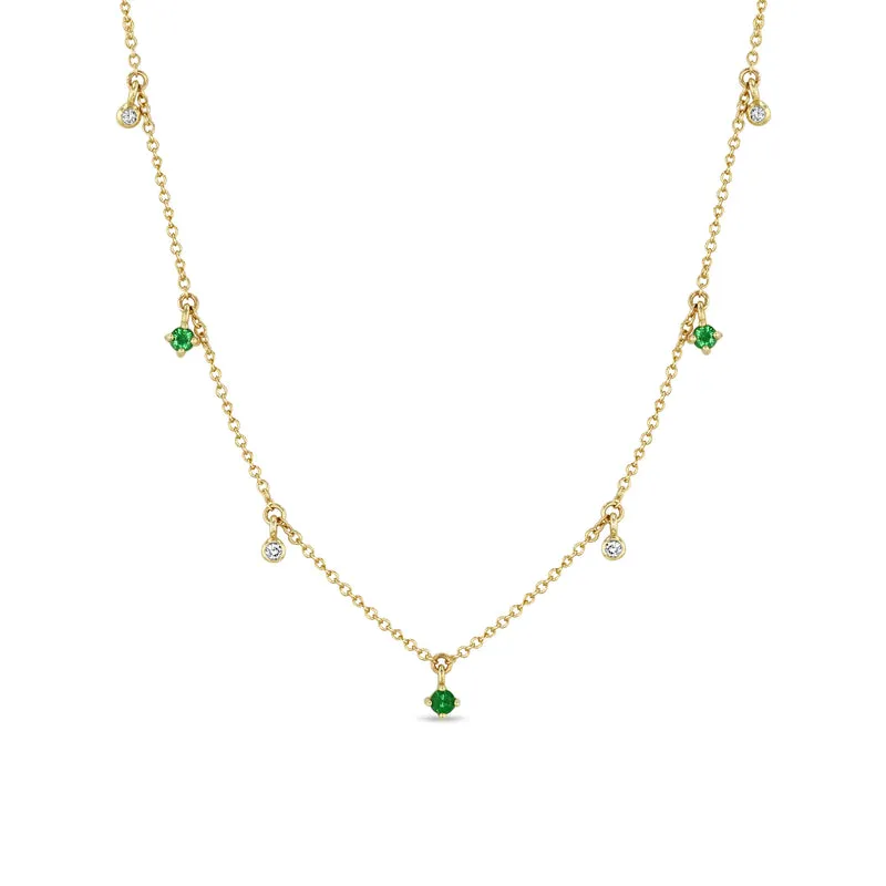 Dangling Alternating Emerald and Diamond Necklace in Yellow Gold