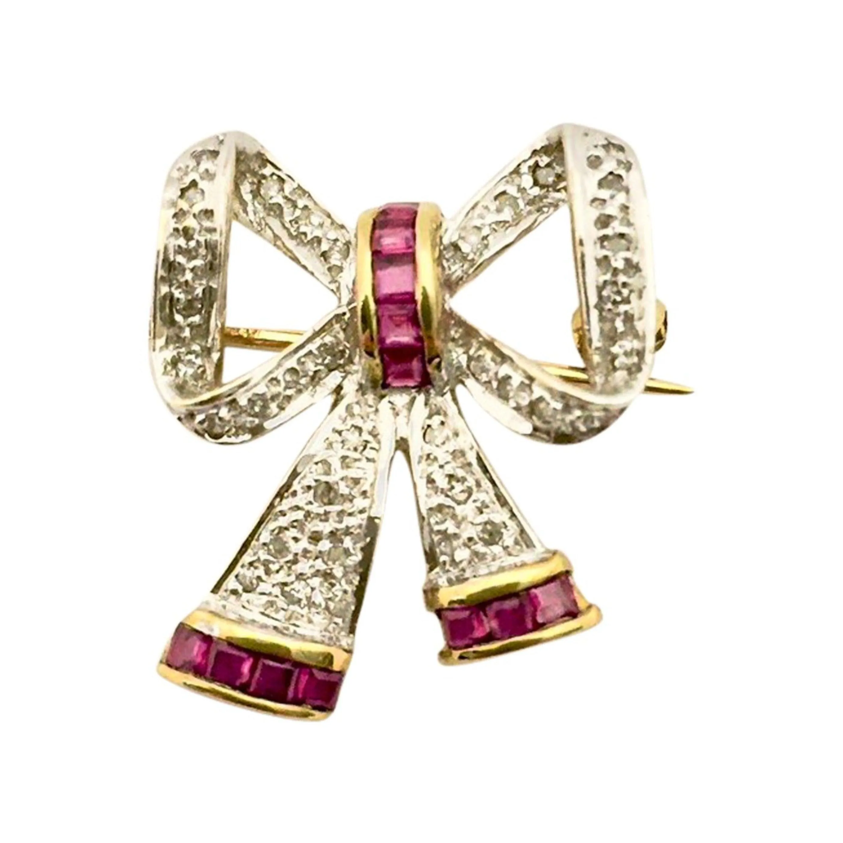 Diamond Bow Brooch with a Touch of Rubies