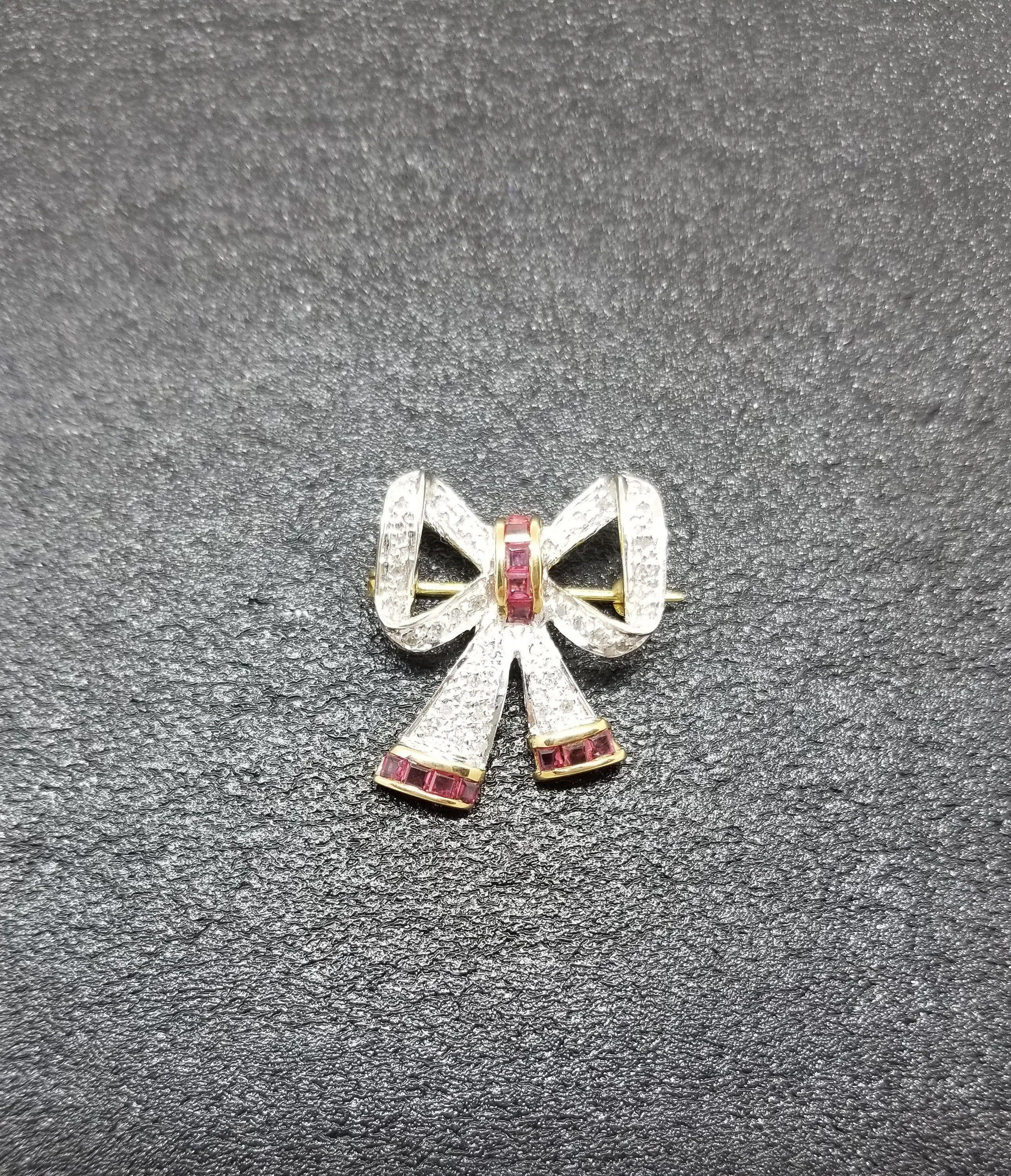 Diamond Bow Brooch with a Touch of Rubies