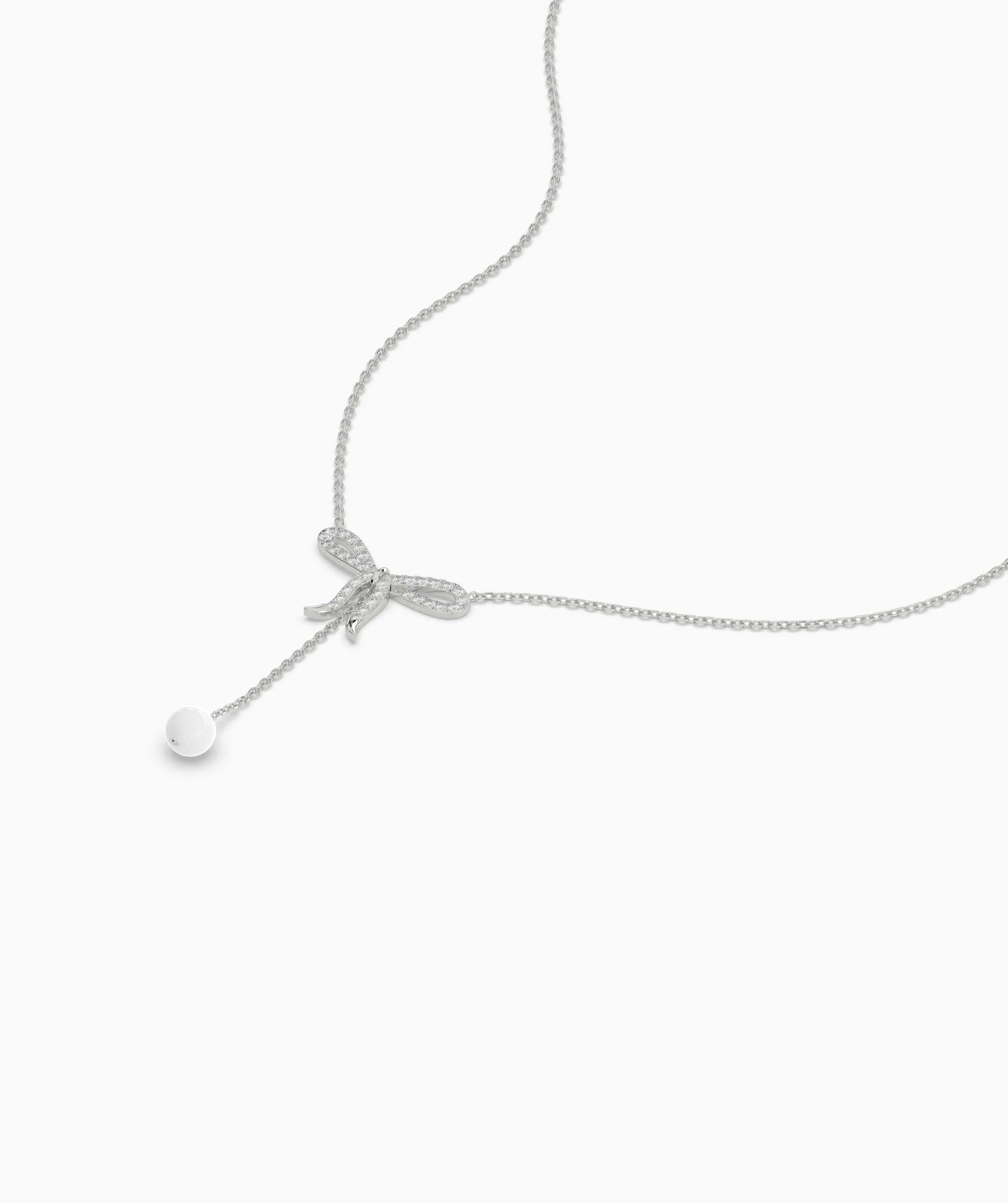 Diamond Bow Necklace with Pearl Drop