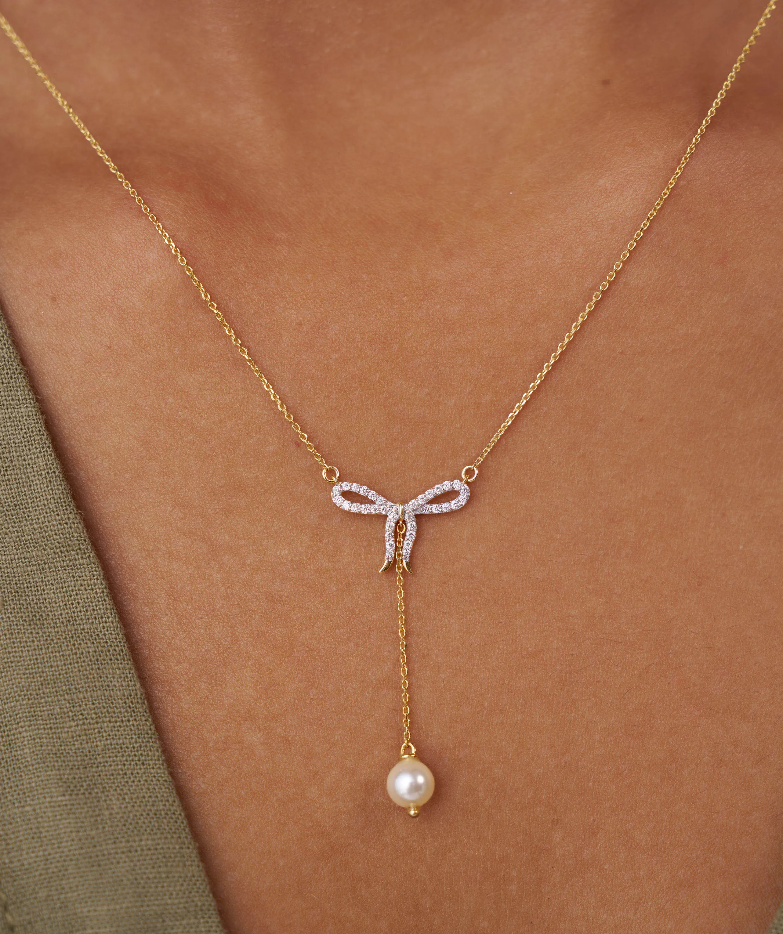 Diamond Bow Necklace with Pearl Drop