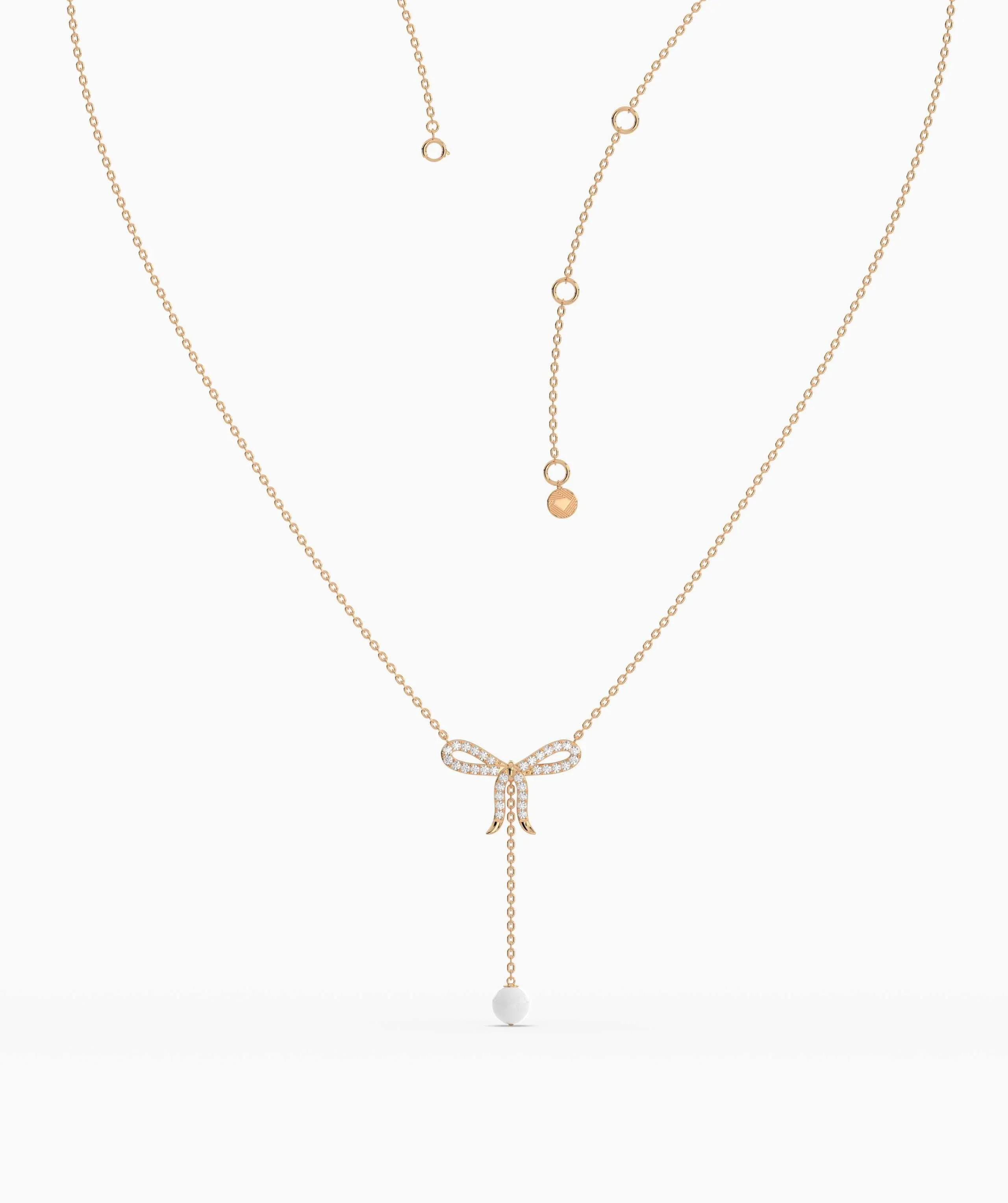 Diamond Bow Necklace with Pearl Drop