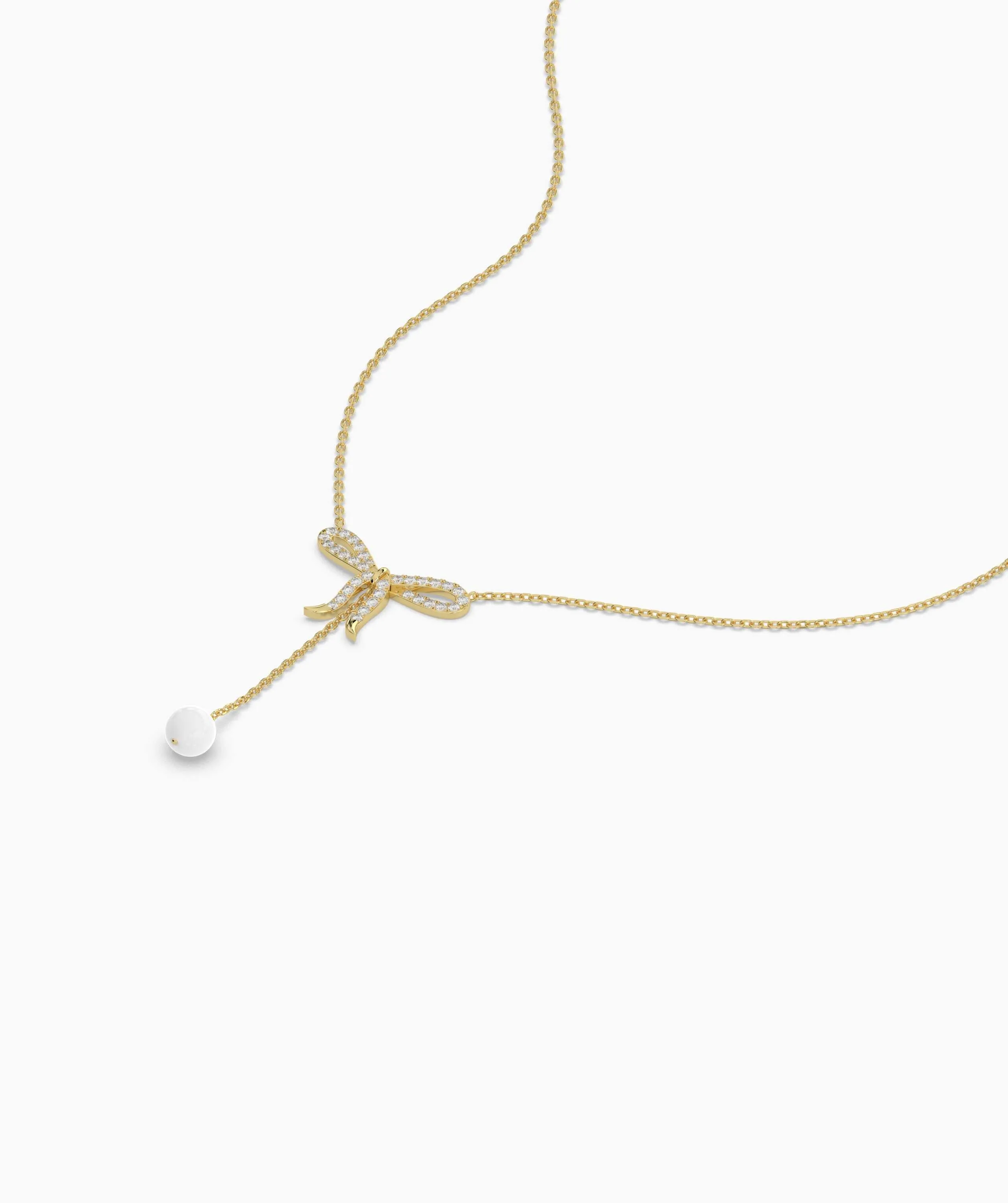 Diamond Bow Necklace with Pearl Drop