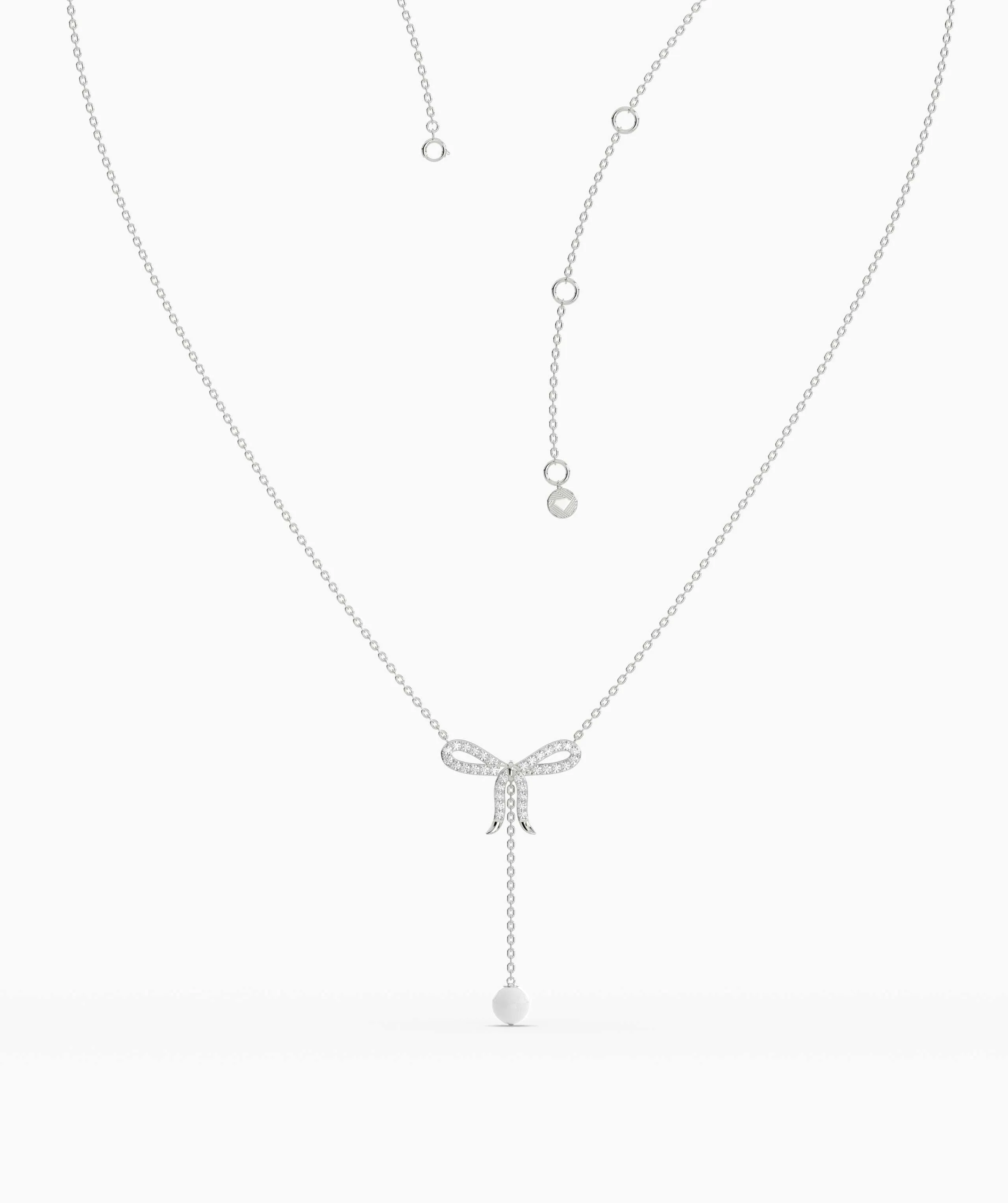 Diamond Bow Necklace with Pearl Drop