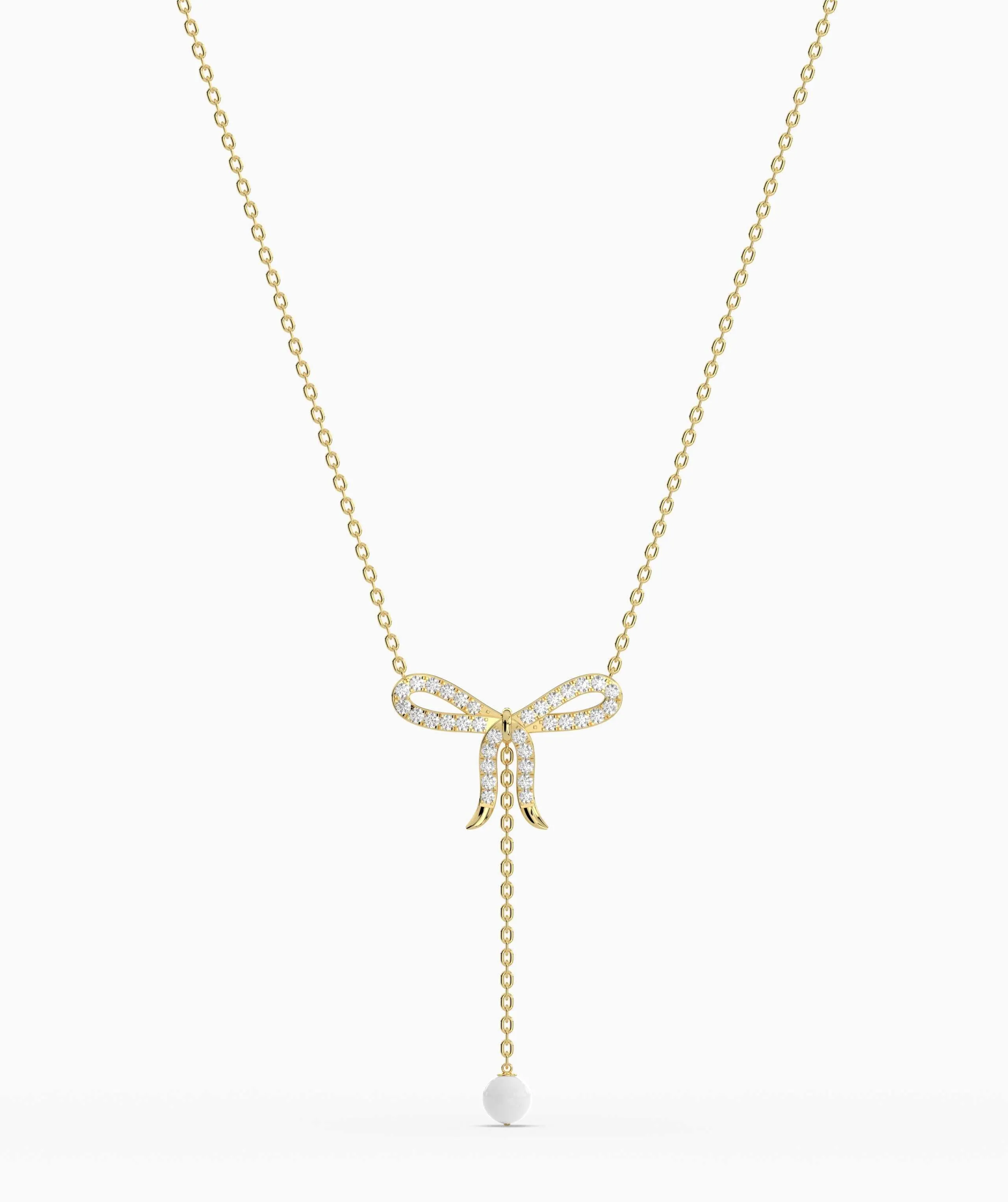 Diamond Bow Necklace with Pearl Drop