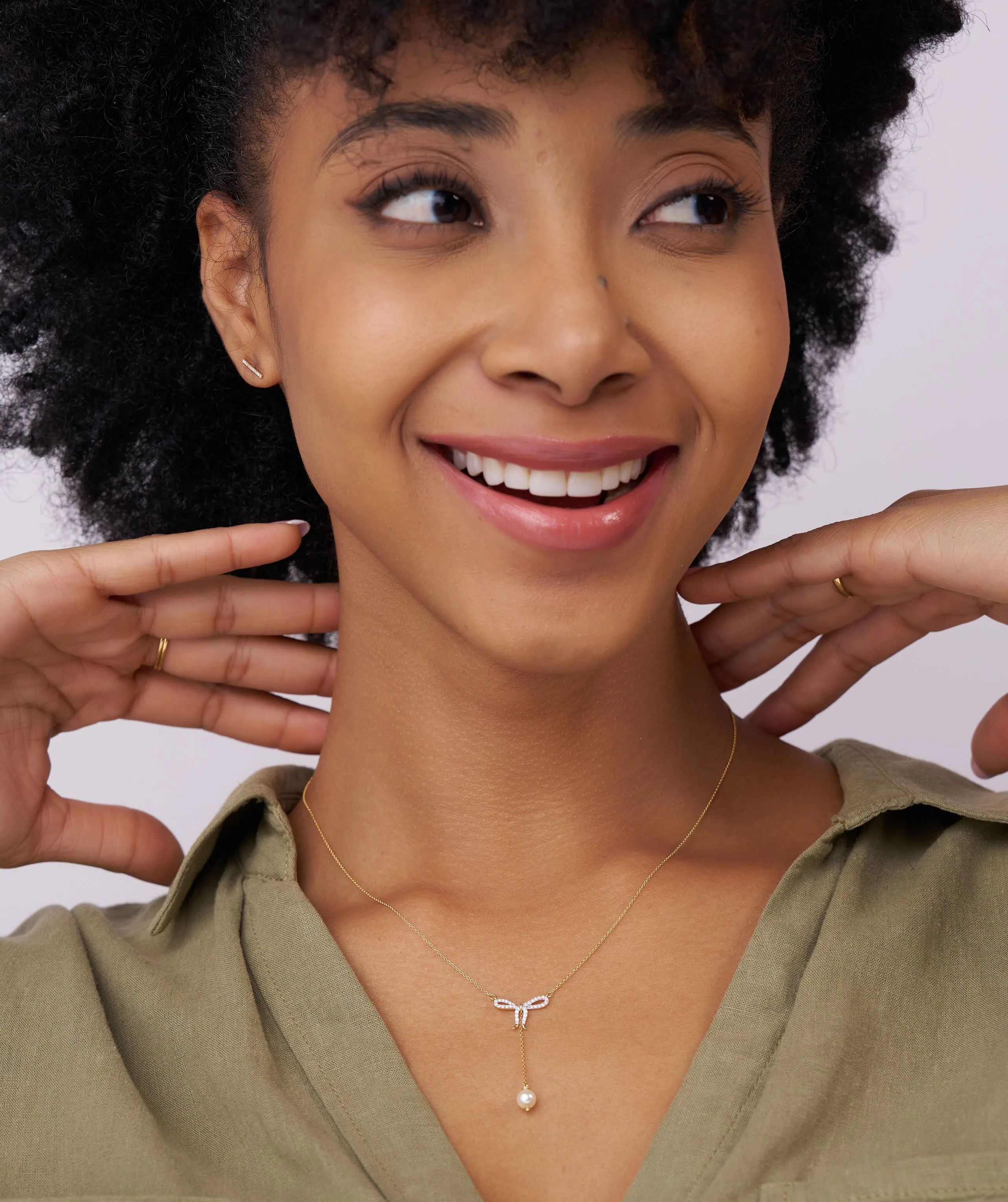 Diamond Bow Necklace with Pearl Drop