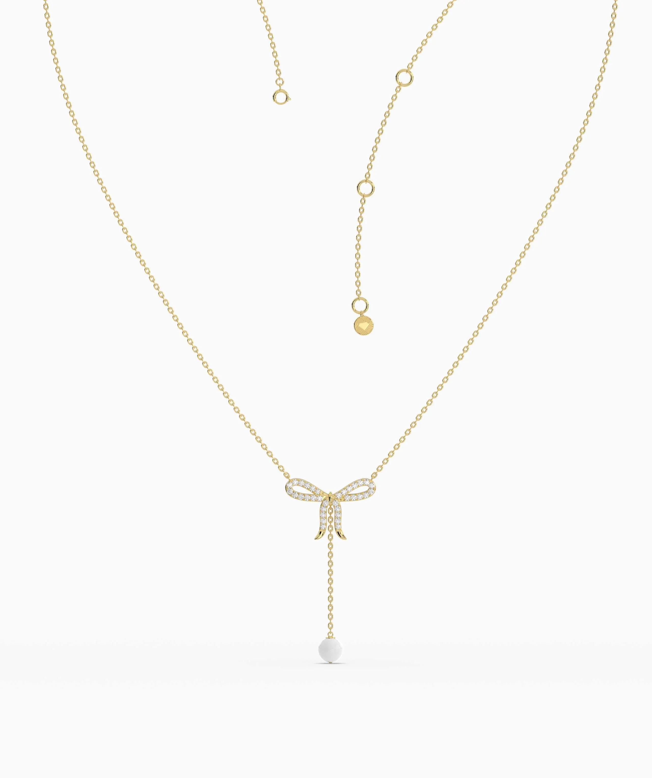 Diamond Bow Necklace with Pearl Drop