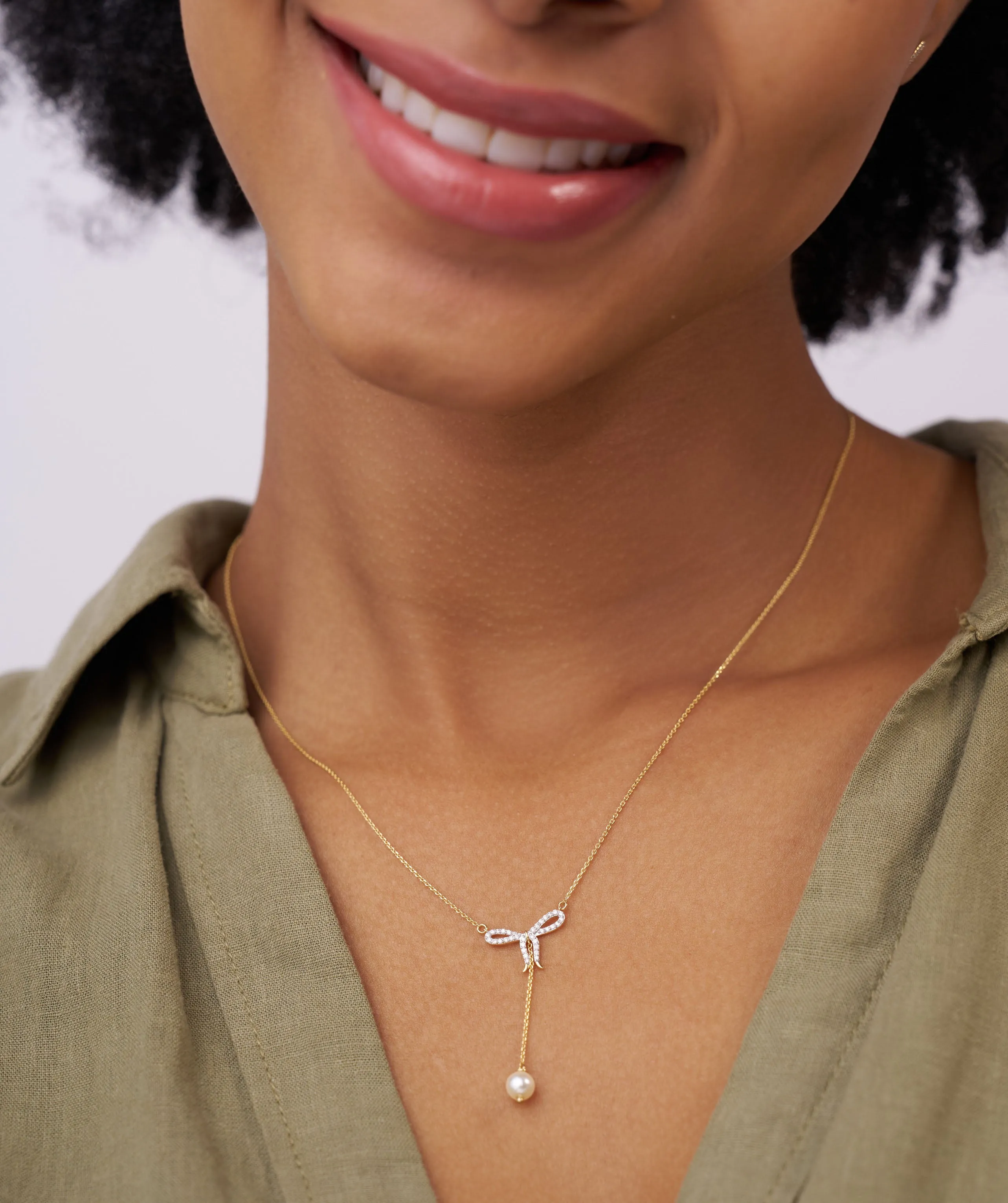 Diamond Bow Necklace with Pearl Drop