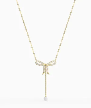 Diamond Bow Necklace with Pearl Drop