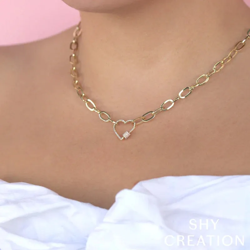 Diamond Heart Paper Clip Link Necklace