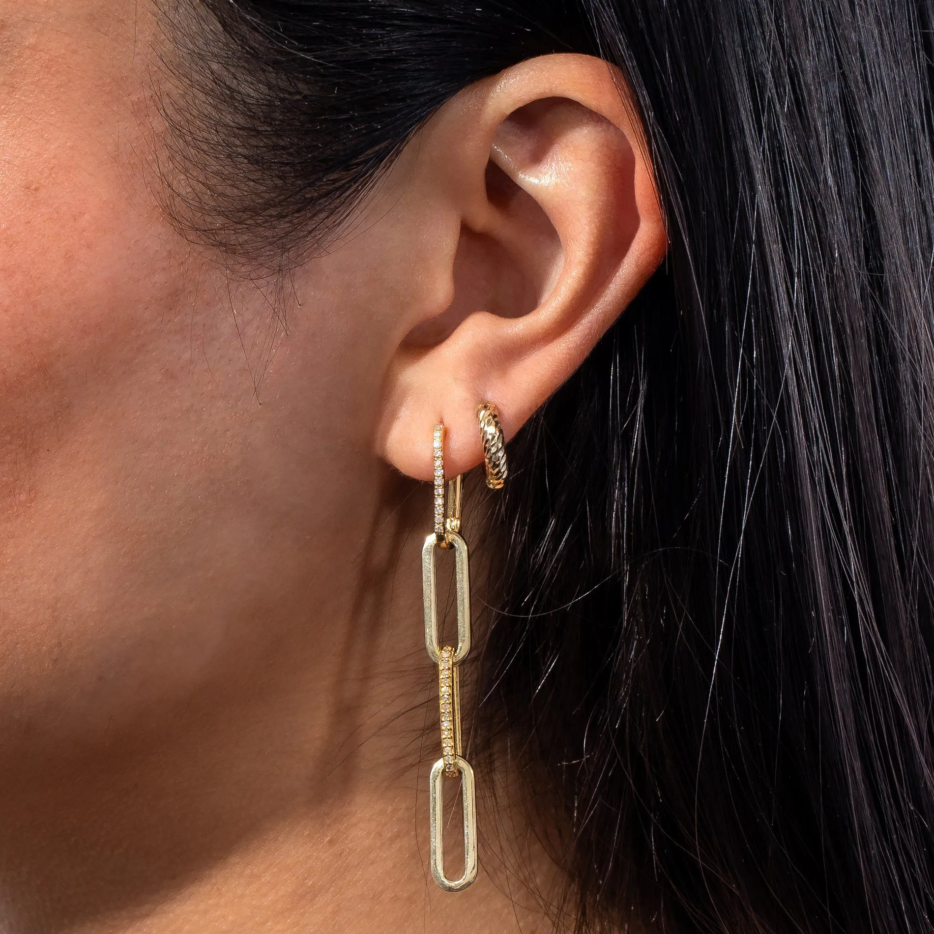 Diamond Oval Drop Hoop Earring 14K