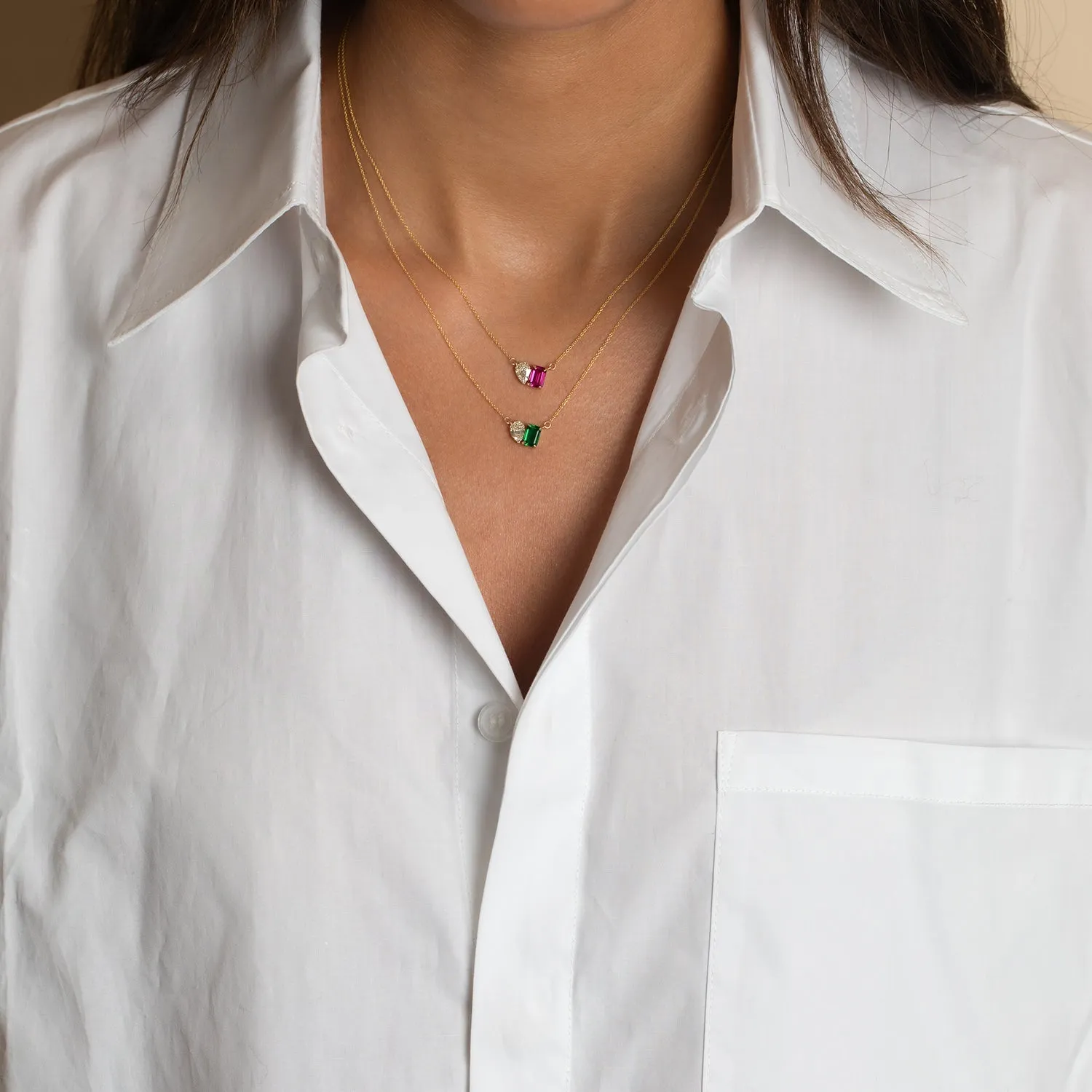 Diamond X Emerald Toi E Moi Necklace 14K