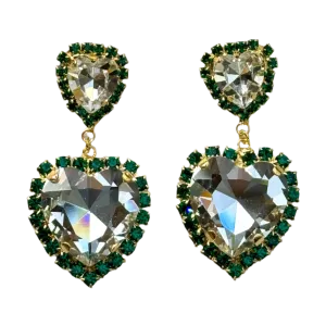Double Heart Emerald Green Crystal Post Earrings