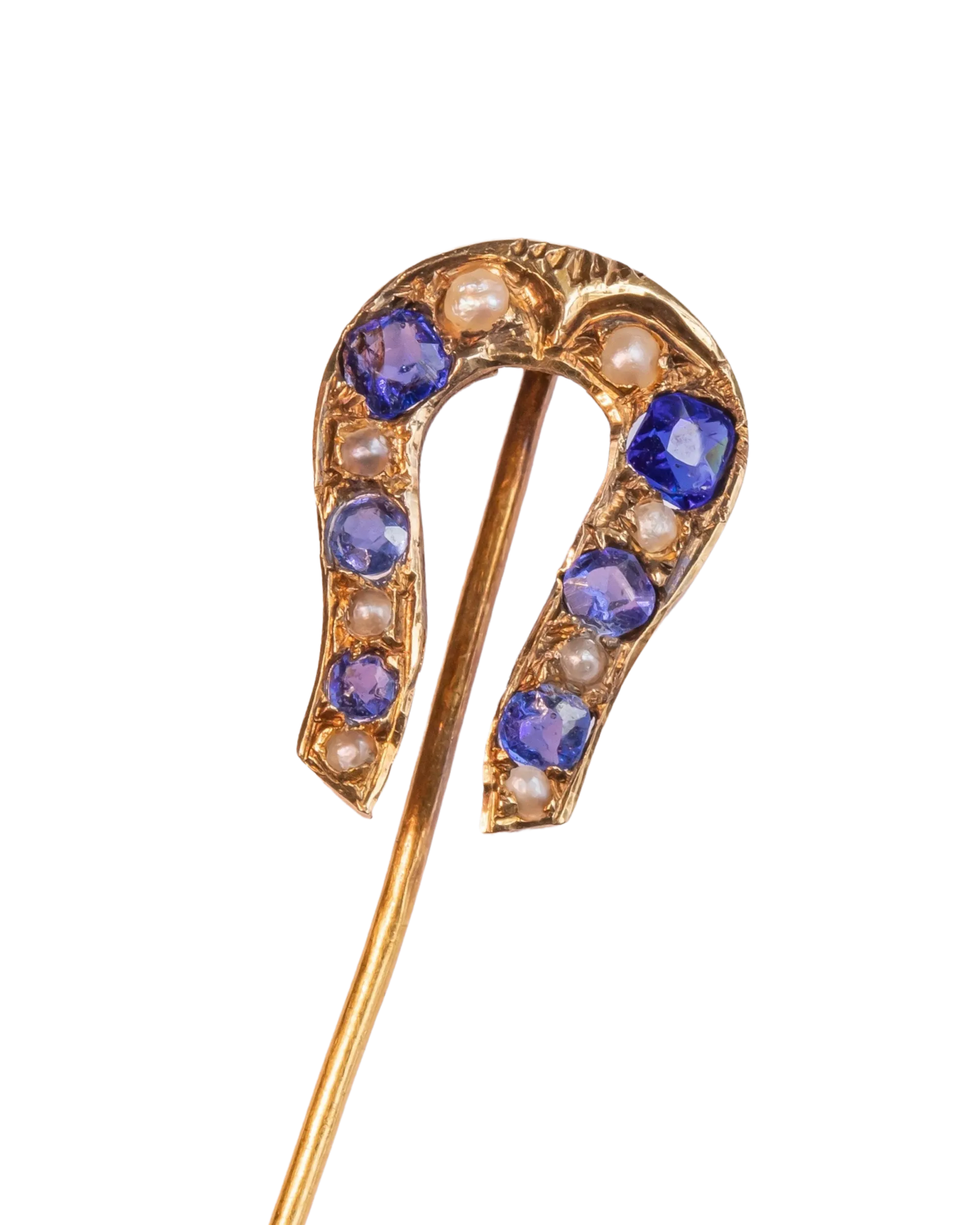 Early Victorian High Karat Gold 0.78 CTW Cornflower Spinel & Seed Pearl Horseshoe Stick Pin