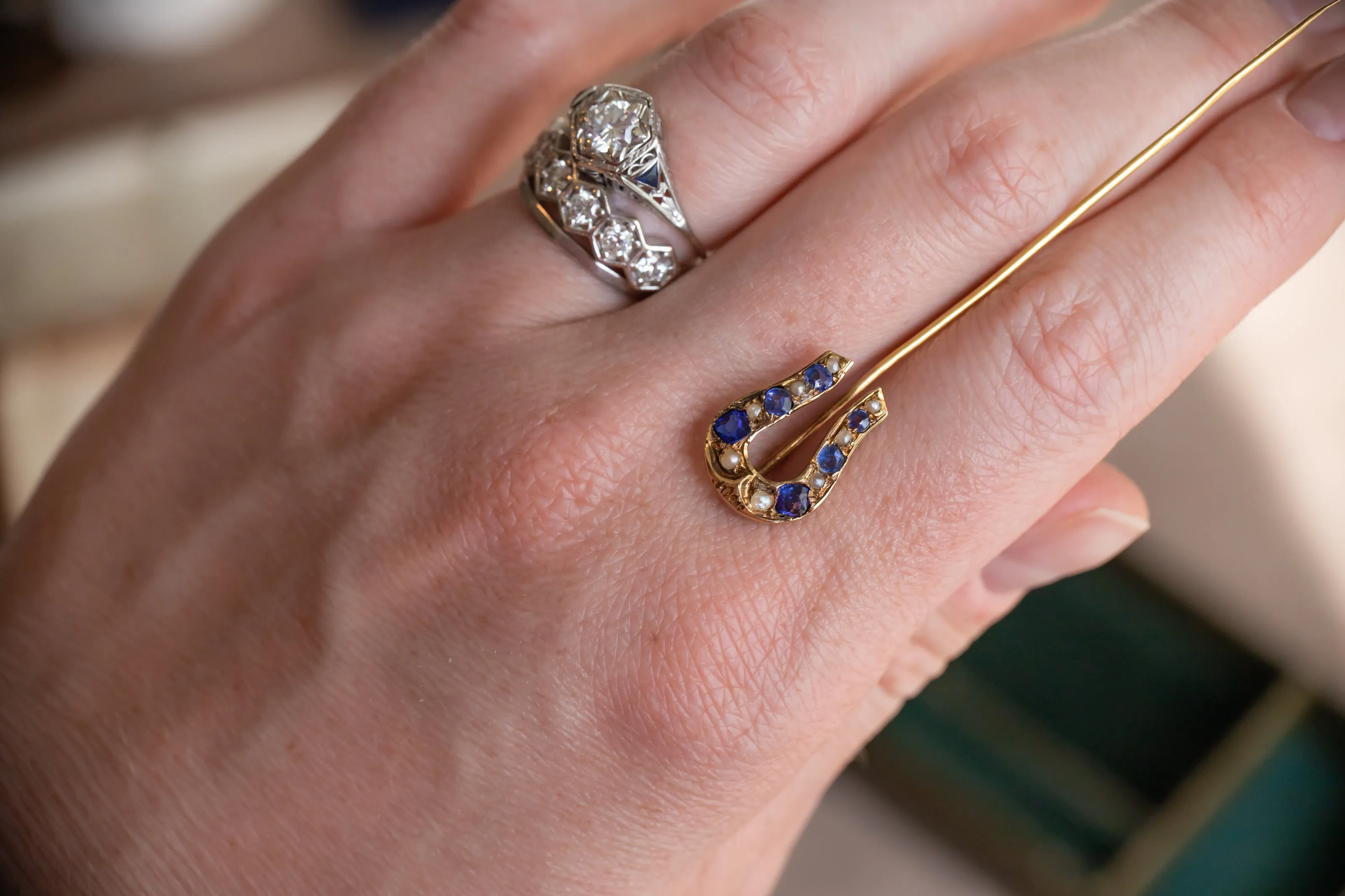 Early Victorian High Karat Gold 0.78 CTW Cornflower Spinel & Seed Pearl Horseshoe Stick Pin