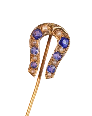 Early Victorian High Karat Gold 0.78 CTW Cornflower Spinel & Seed Pearl Horseshoe Stick Pin