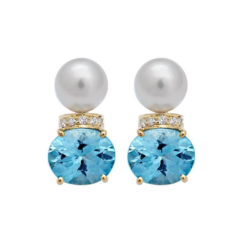 Earrings-Blue Topaz, South Sea Pearl and Diamond