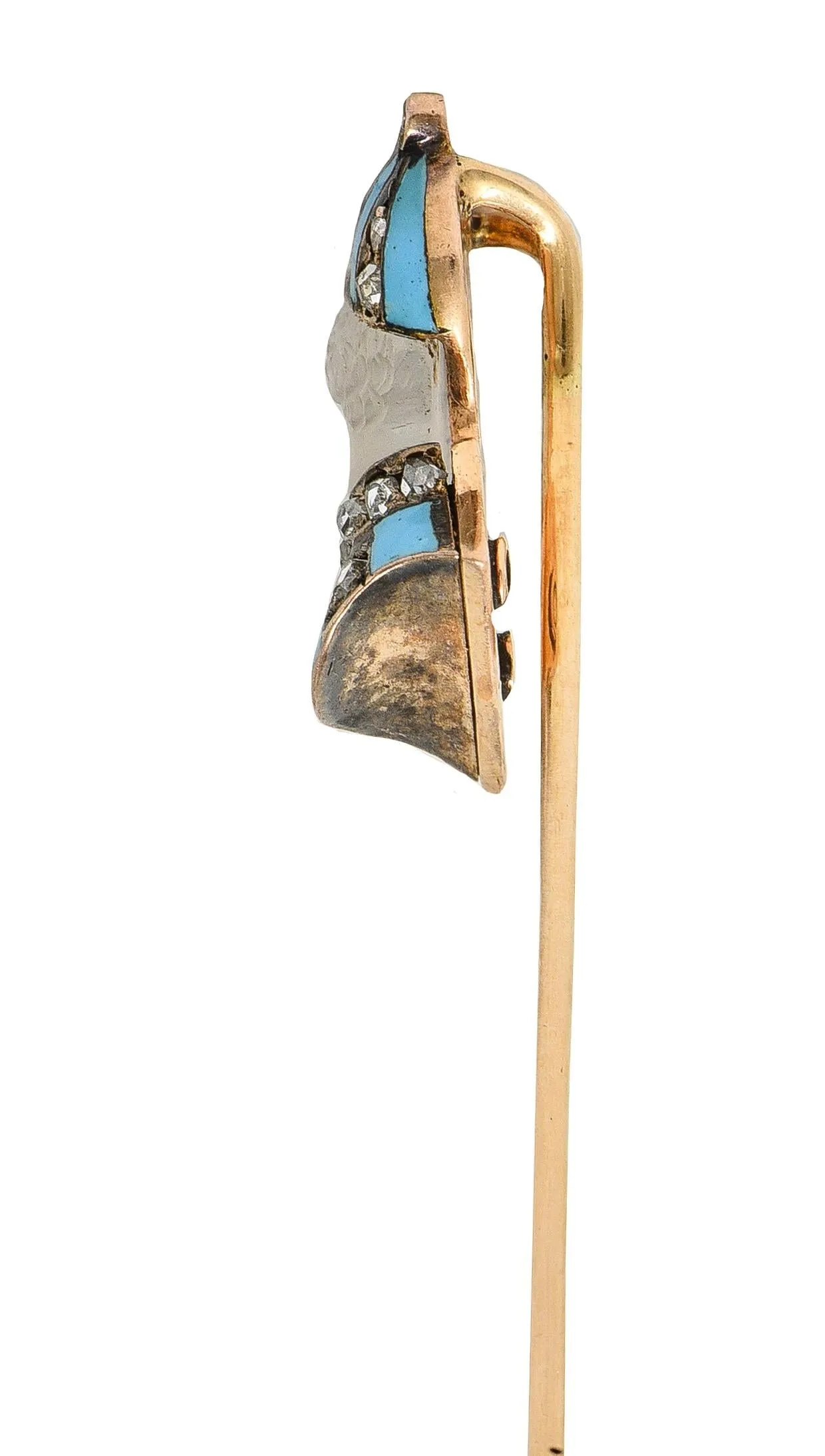 Edwardian Carved Moonstone Ruby Diamond Enamel Silver 14 Karat Gold Jockey Antique Stickpin