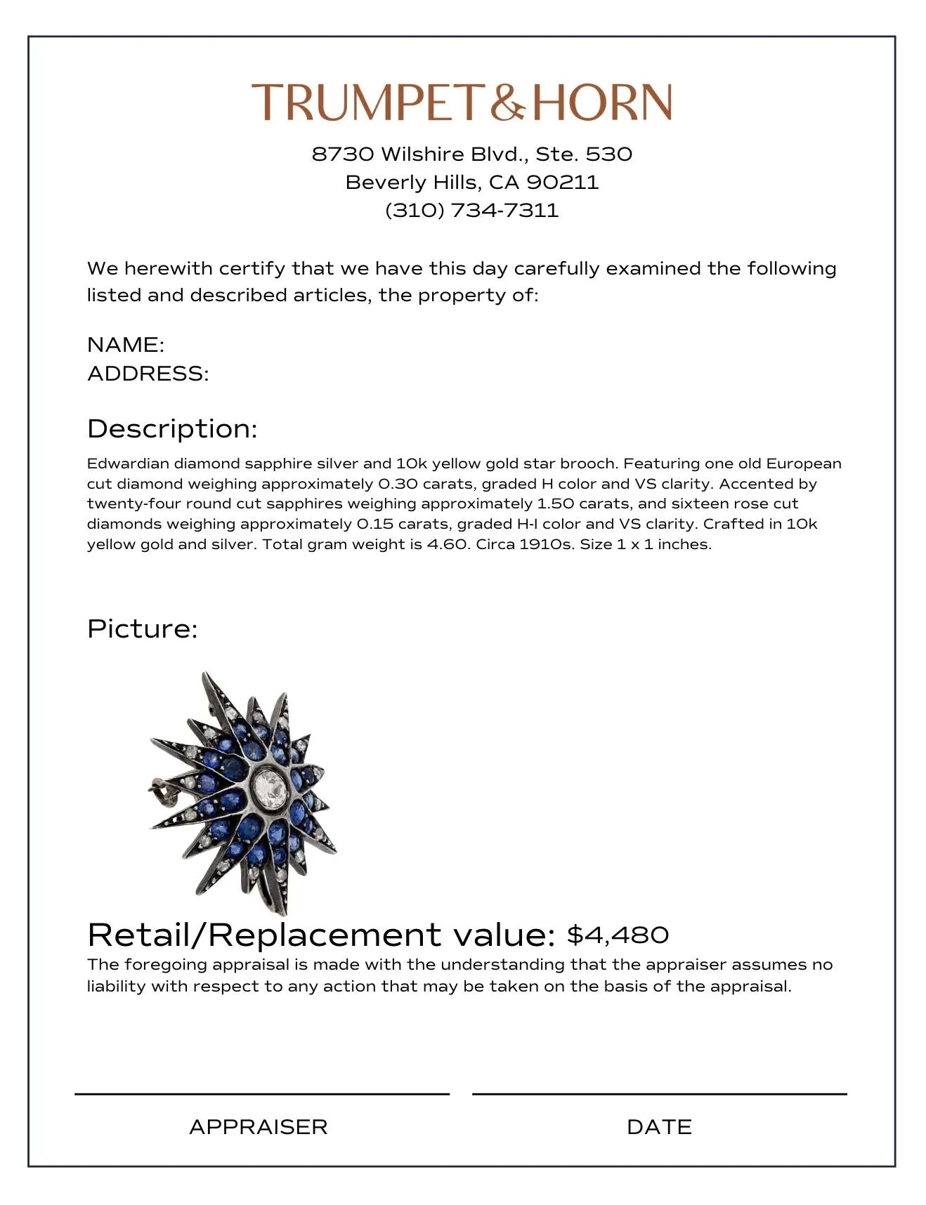 Edwardian diamond sapphire silver and 10k yellow gold star brooch