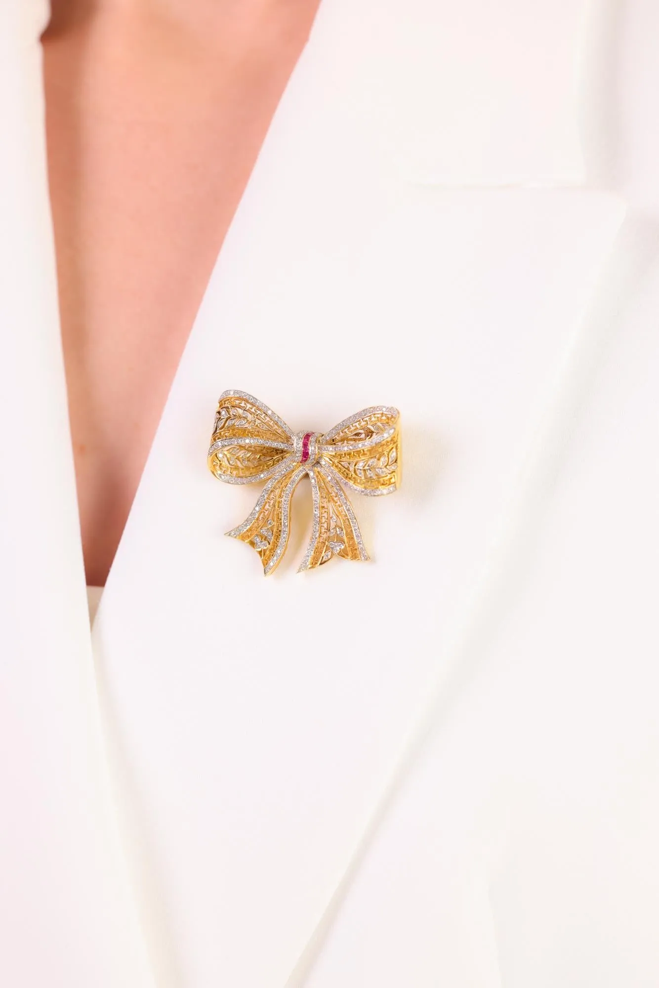 Edwardian inspired diamond ruby 18k gold ribbon brooch