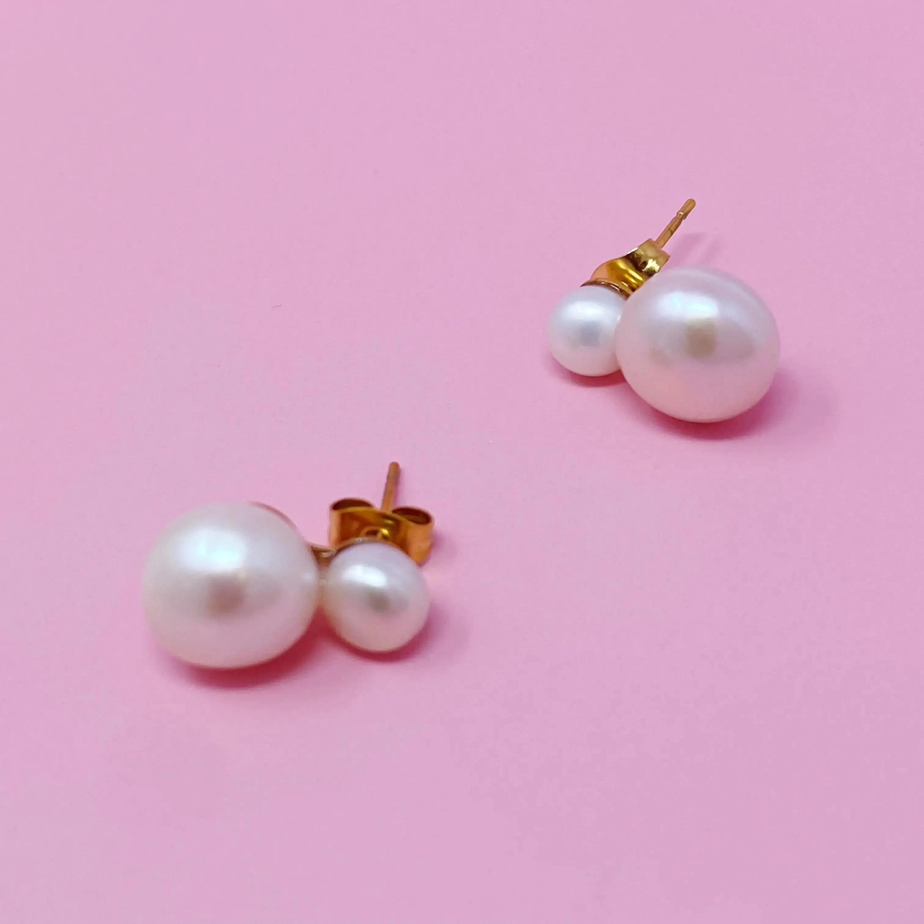 Elegant Double Pearl Earrings - Gold Plated Stainless Steel with Freshwater Pearls, Simple & Classic Design