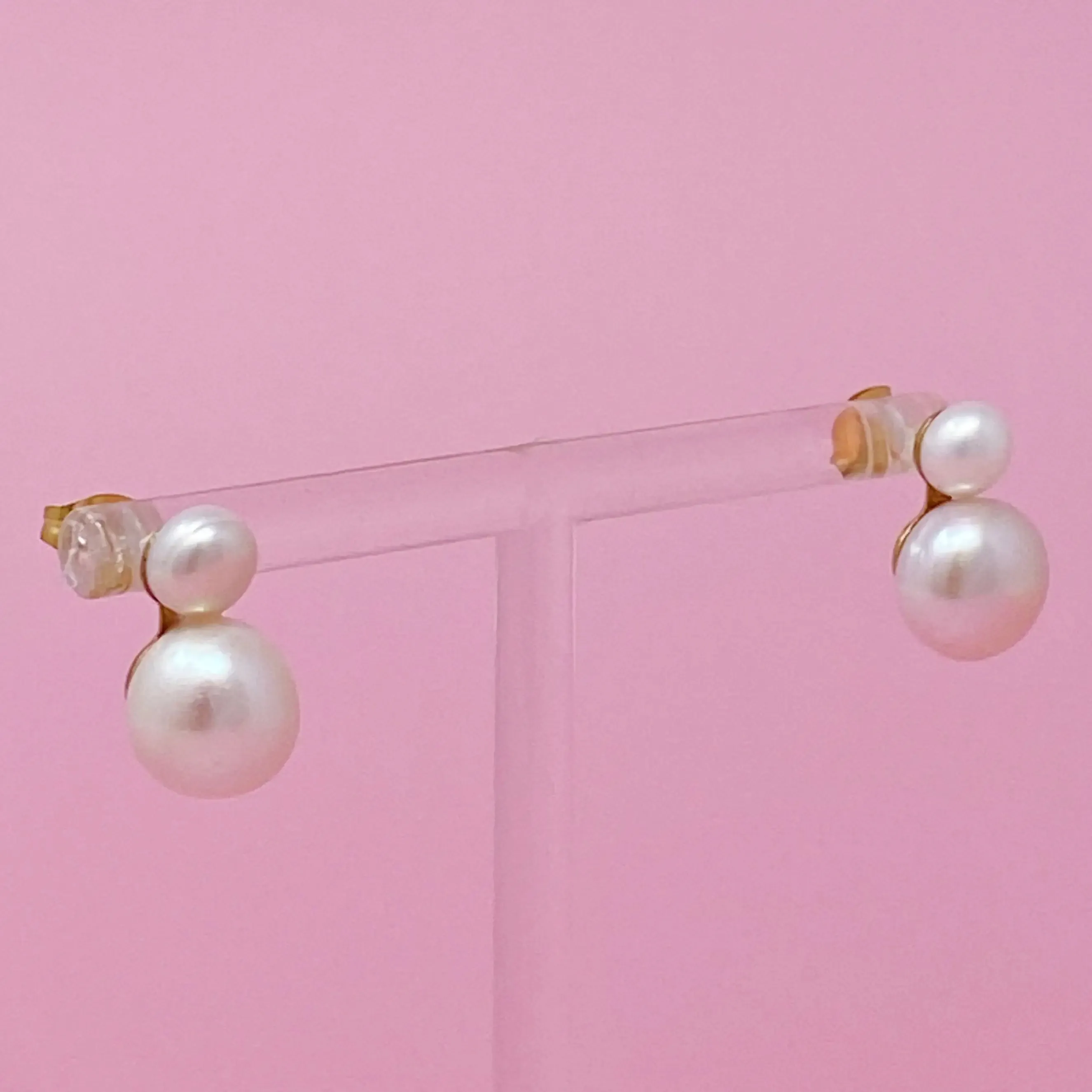 Elegant Double Pearl Earrings - Gold Plated Stainless Steel with Freshwater Pearls, Simple & Classic Design