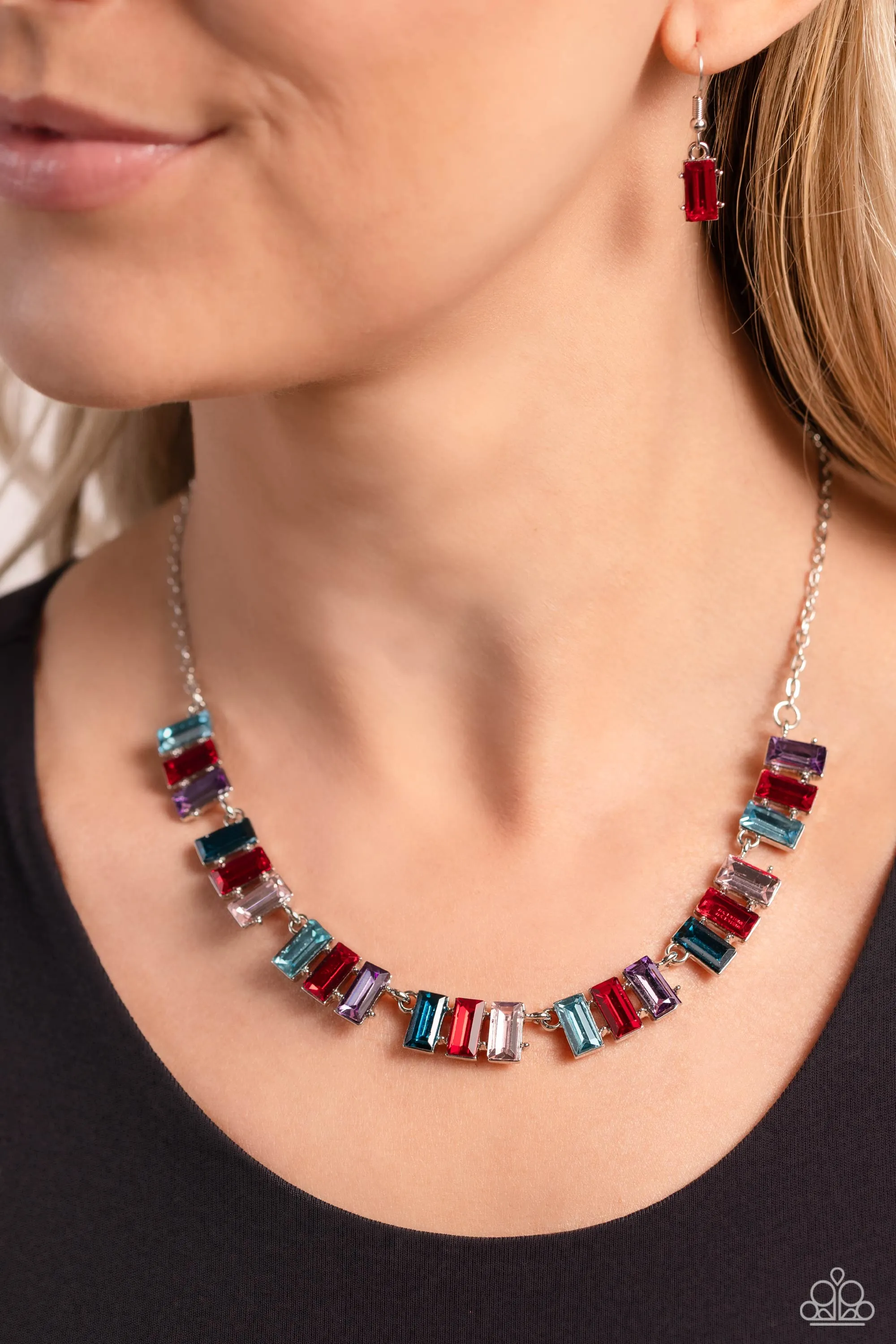 Elite Emeralds - Red - Blue, Purple, and Pink Emerald-Cut Gem Paparazzi Short Necklace