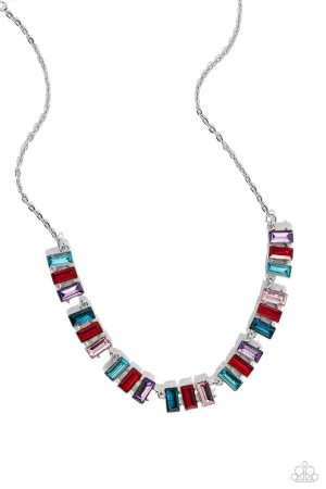 Elite Emeralds - Red - Blue, Purple, and Pink Emerald-Cut Gem Paparazzi Short Necklace